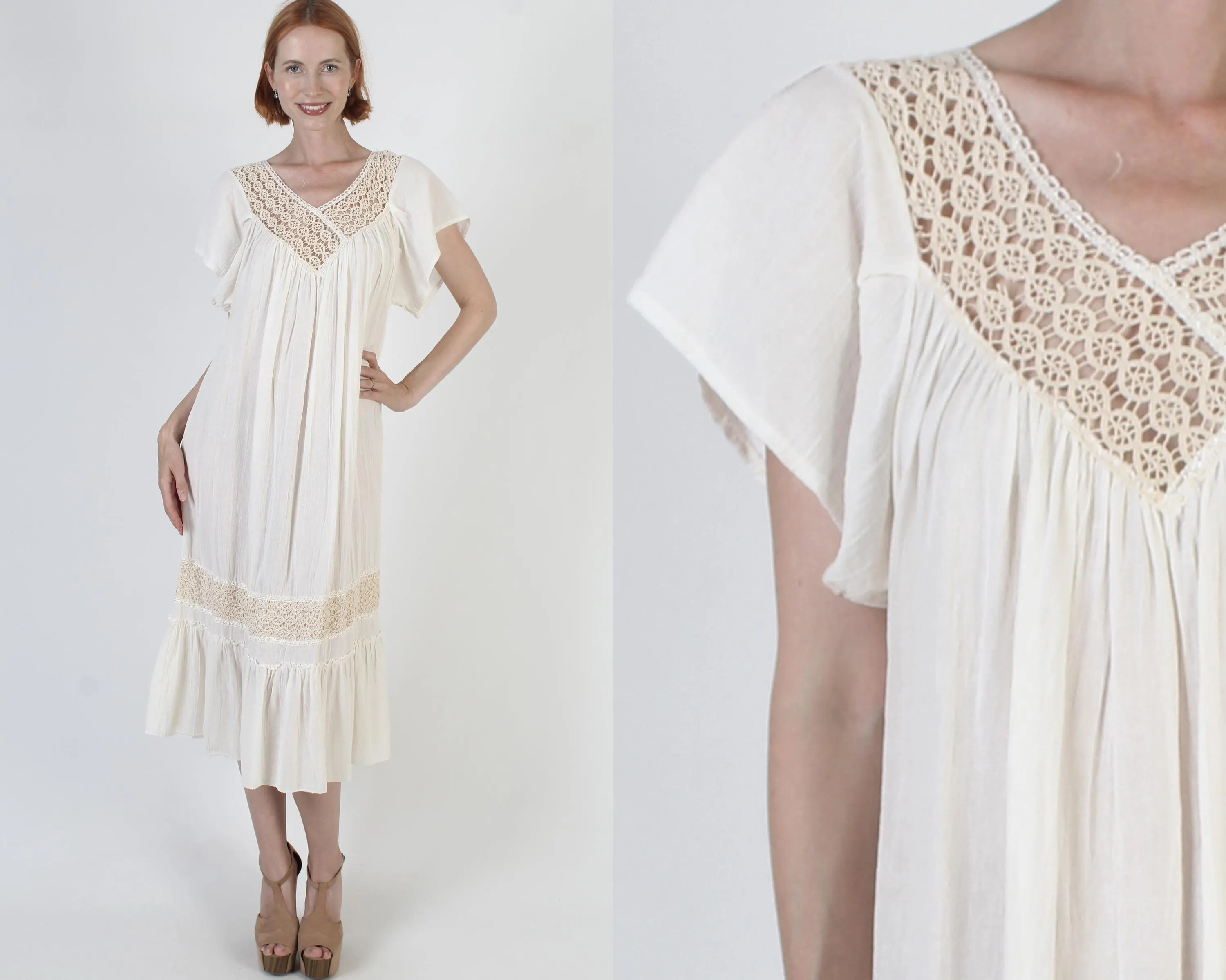 Cream Cotton Gauze Dress, Vintage Crochet Beach Cover, Pool Sundress