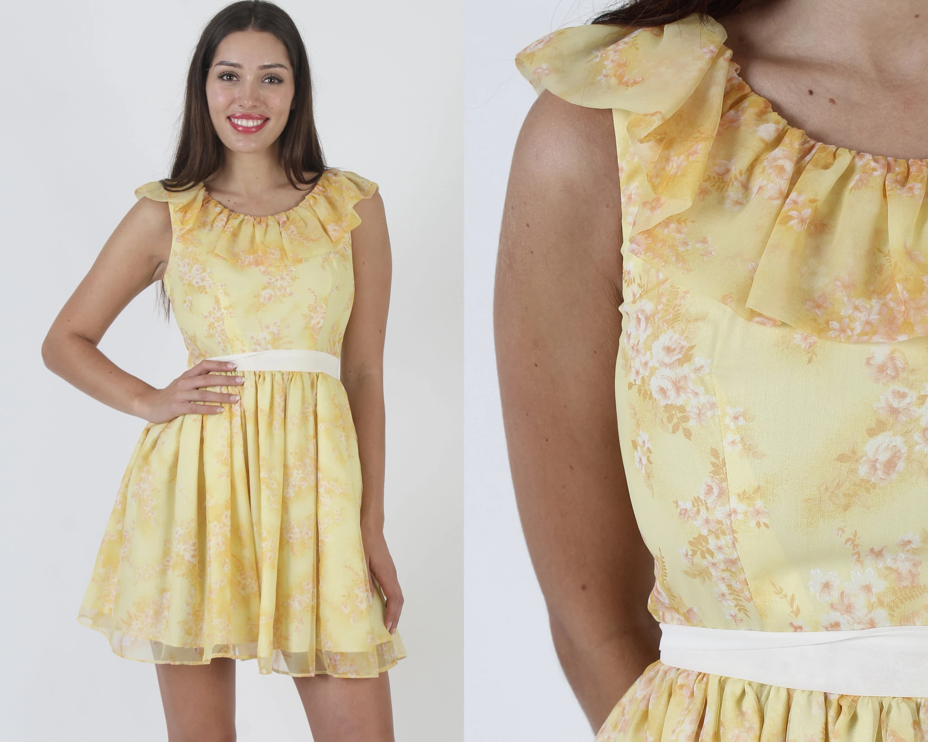 Vintage 70s Yellow Cotton Blend Party Dress: High Waisted Mini Frock