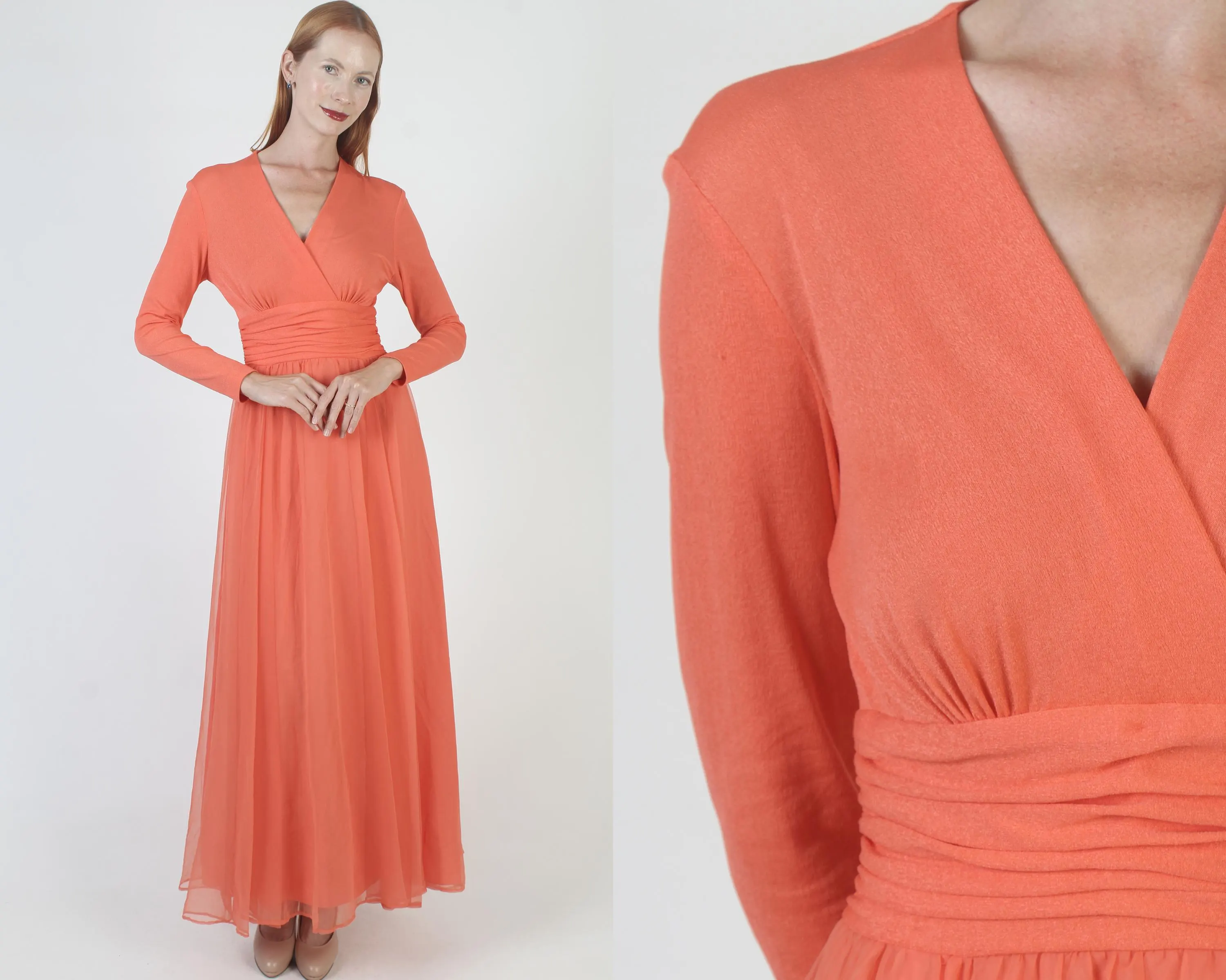 Vintage Miss Elliette Disco Dress, Orange Chiffon Gown, Cocktail Party Maxi