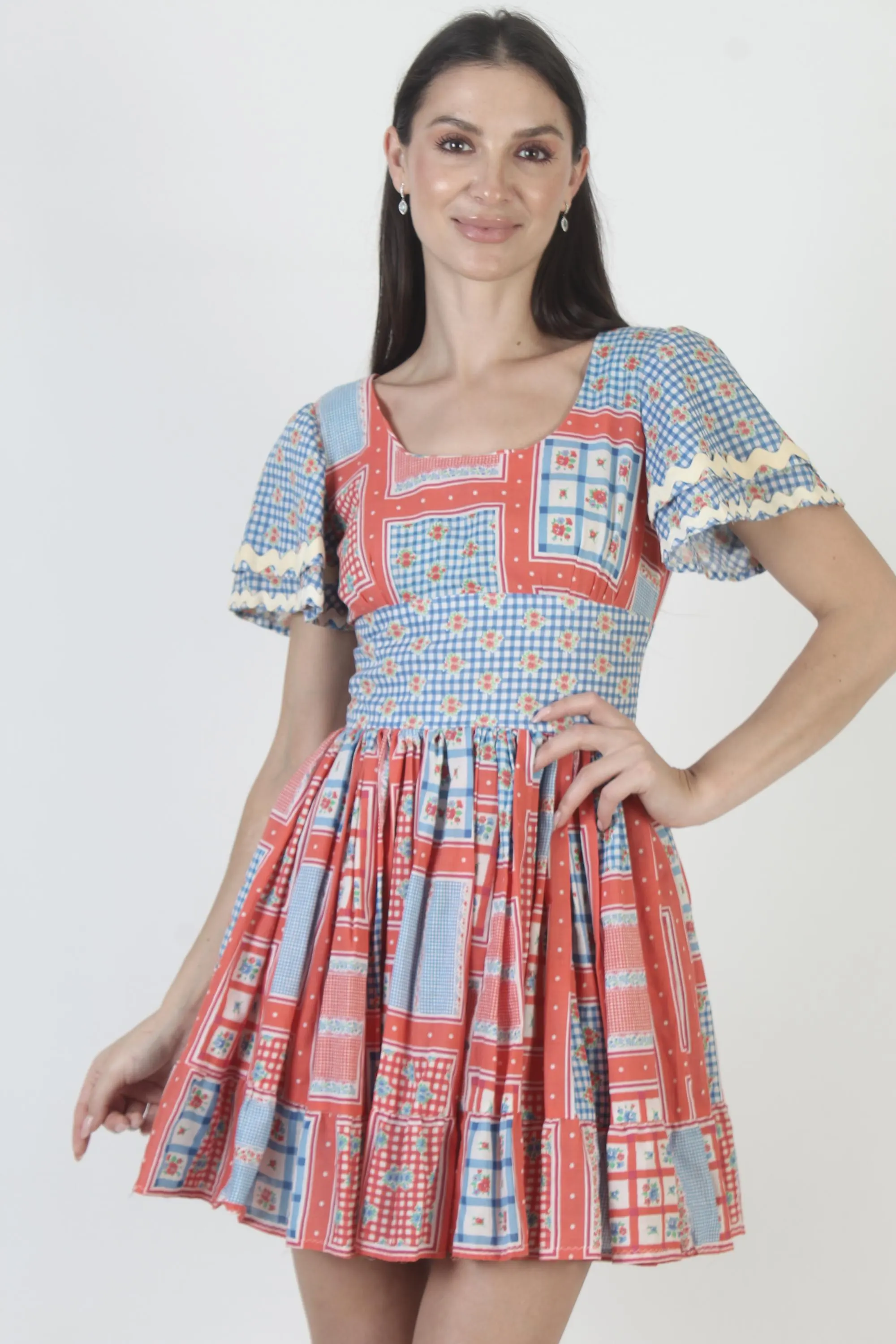 Patchwork Red White Blue Plaid Dress, Checkered Gingham Print, Vintage Picnic Mini - image 4