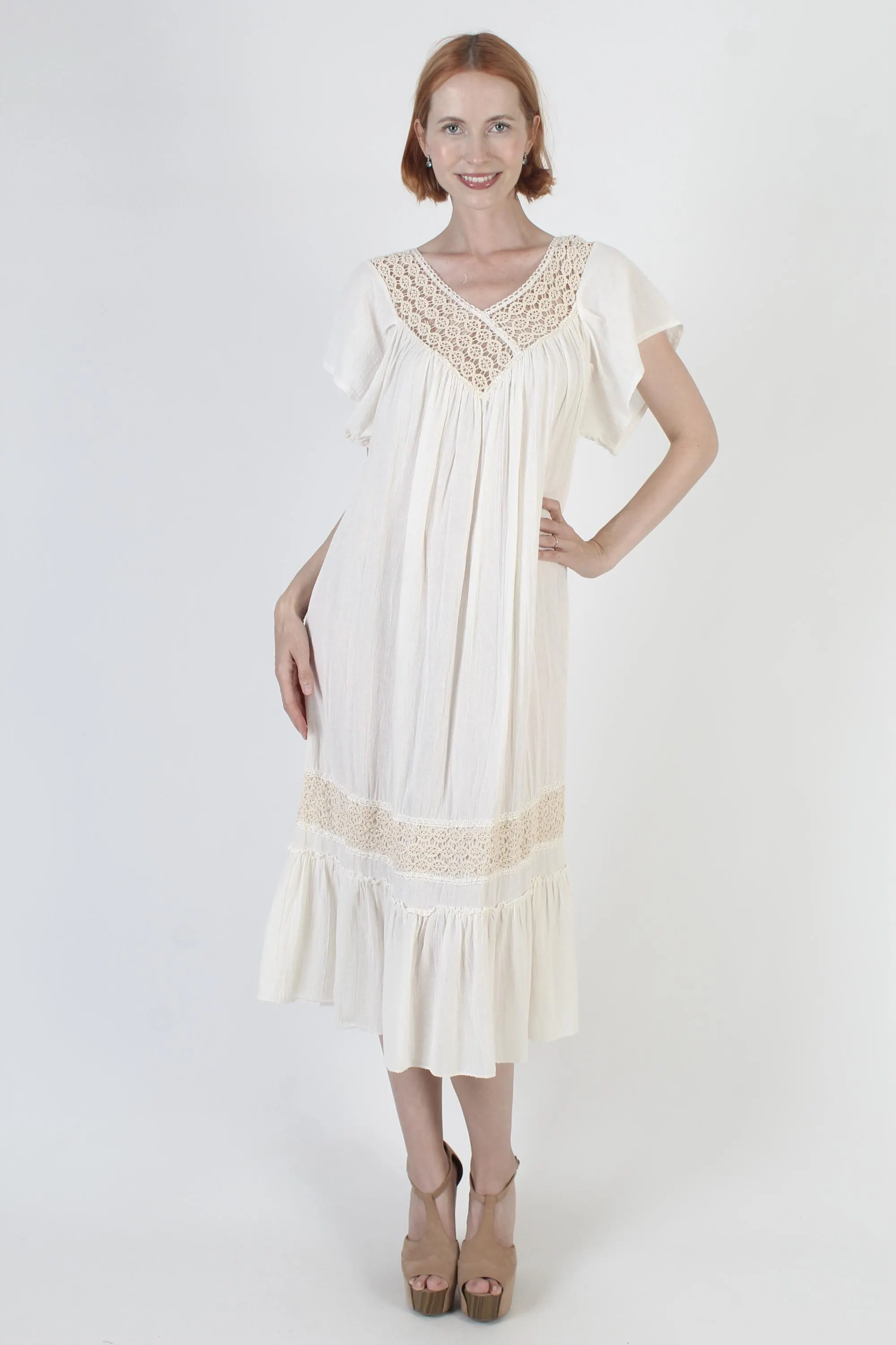 Cream Cotton Gauze Dress, Vintage Crochet Beach Cover, Pool Sundress - image 4
