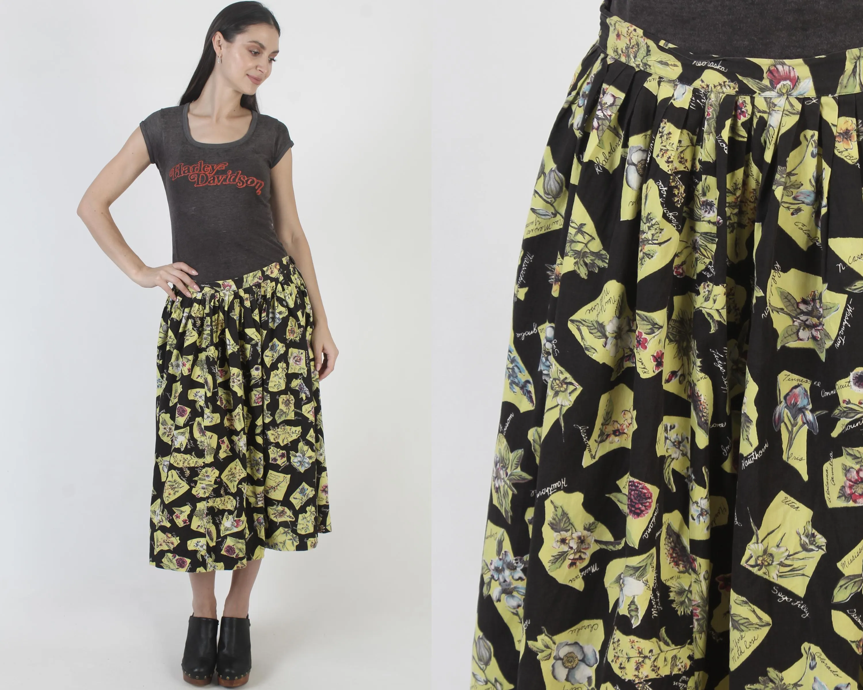Vintage 50s Black Cotton Skirt, Floral Novelty Print, Mid Century Midi