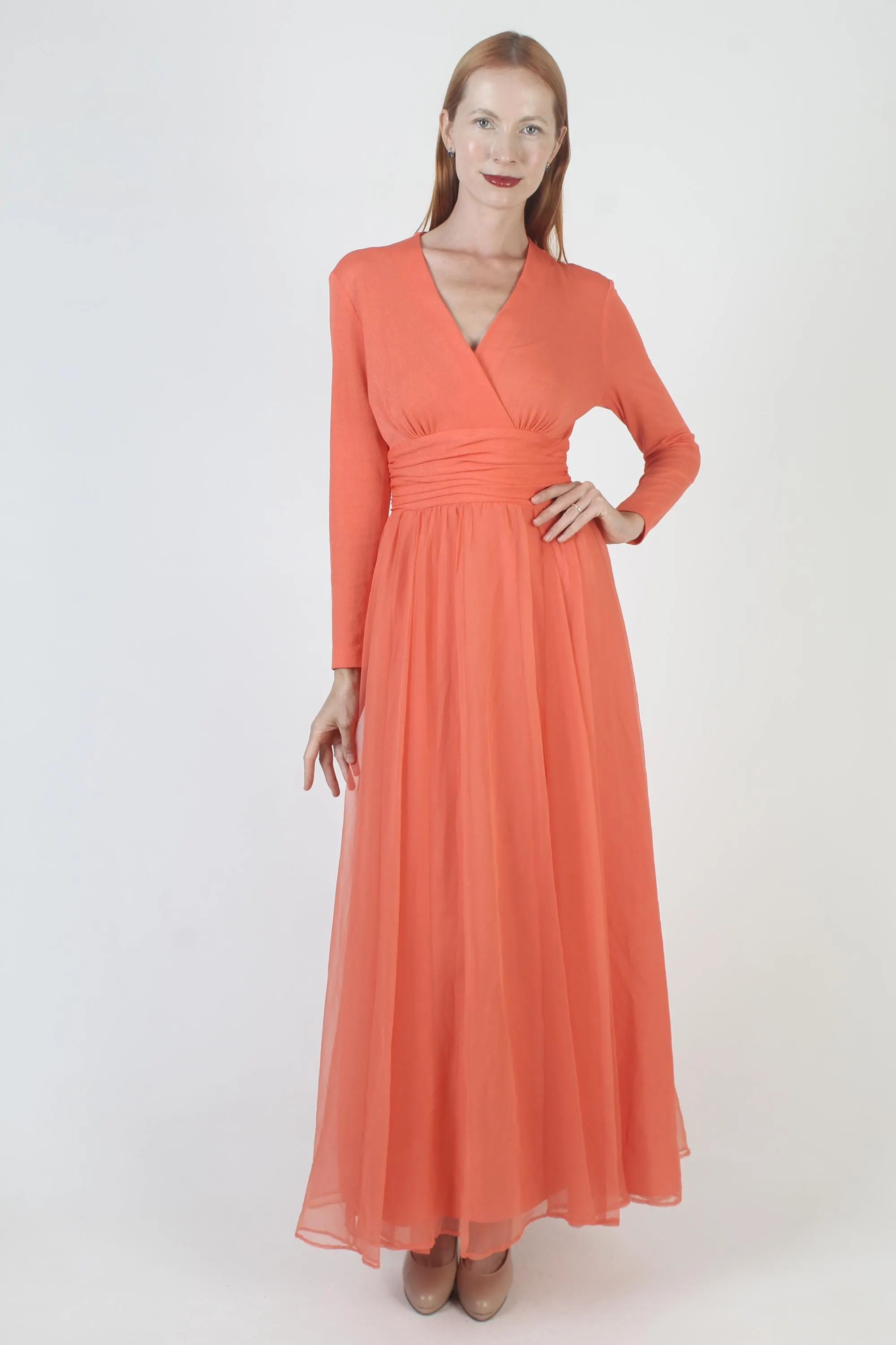 Vintage Miss Elliette Disco Dress, Orange Chiffon Gown, Cocktail Party Maxi - image 3