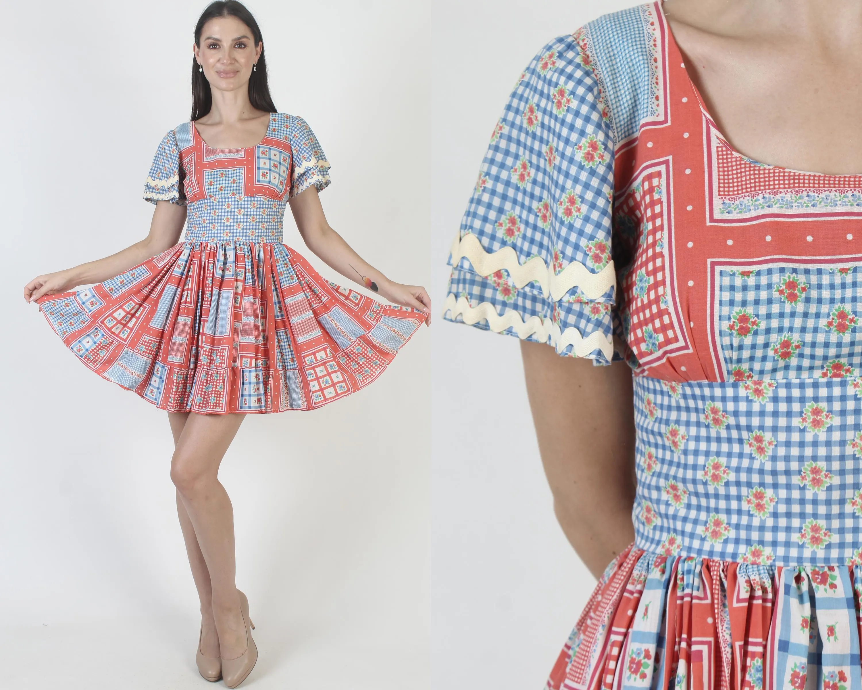 Patchwork Red White Blue Plaid Dress, Checkered Gingham Print, Vintage Picnic Mini