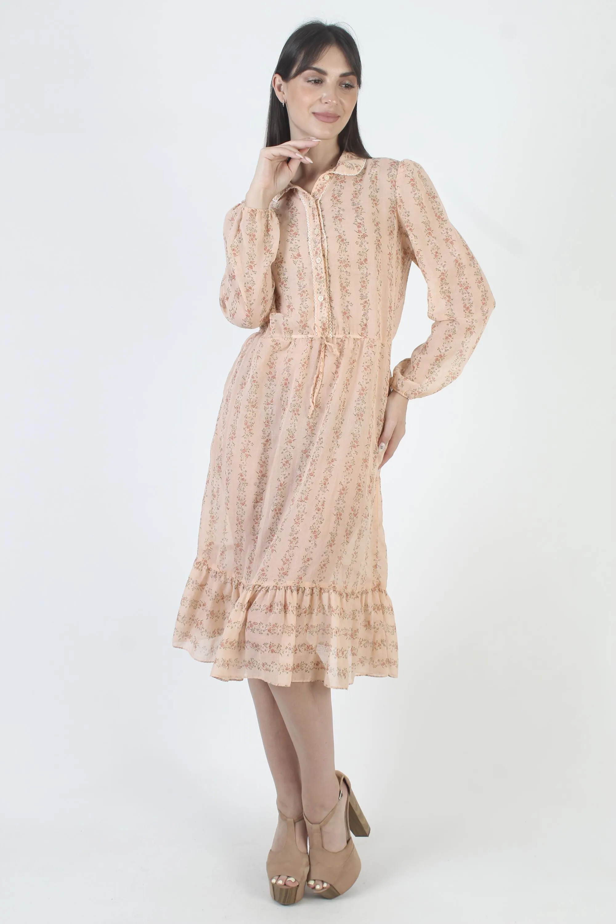 Peach Floral Sundress, Vintage 70s Prairie Dress, Lightweight Fabric, Vertical Stripe Print - image 4