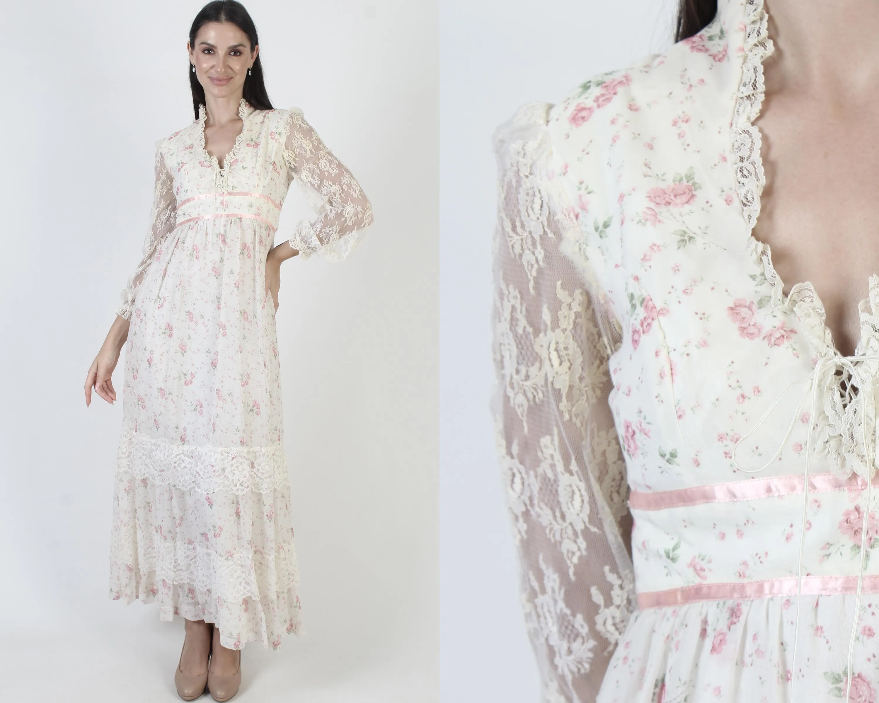 Bohemian Wedding Dress, Vintage Corset Gown, Sheer White Lace Sleeves