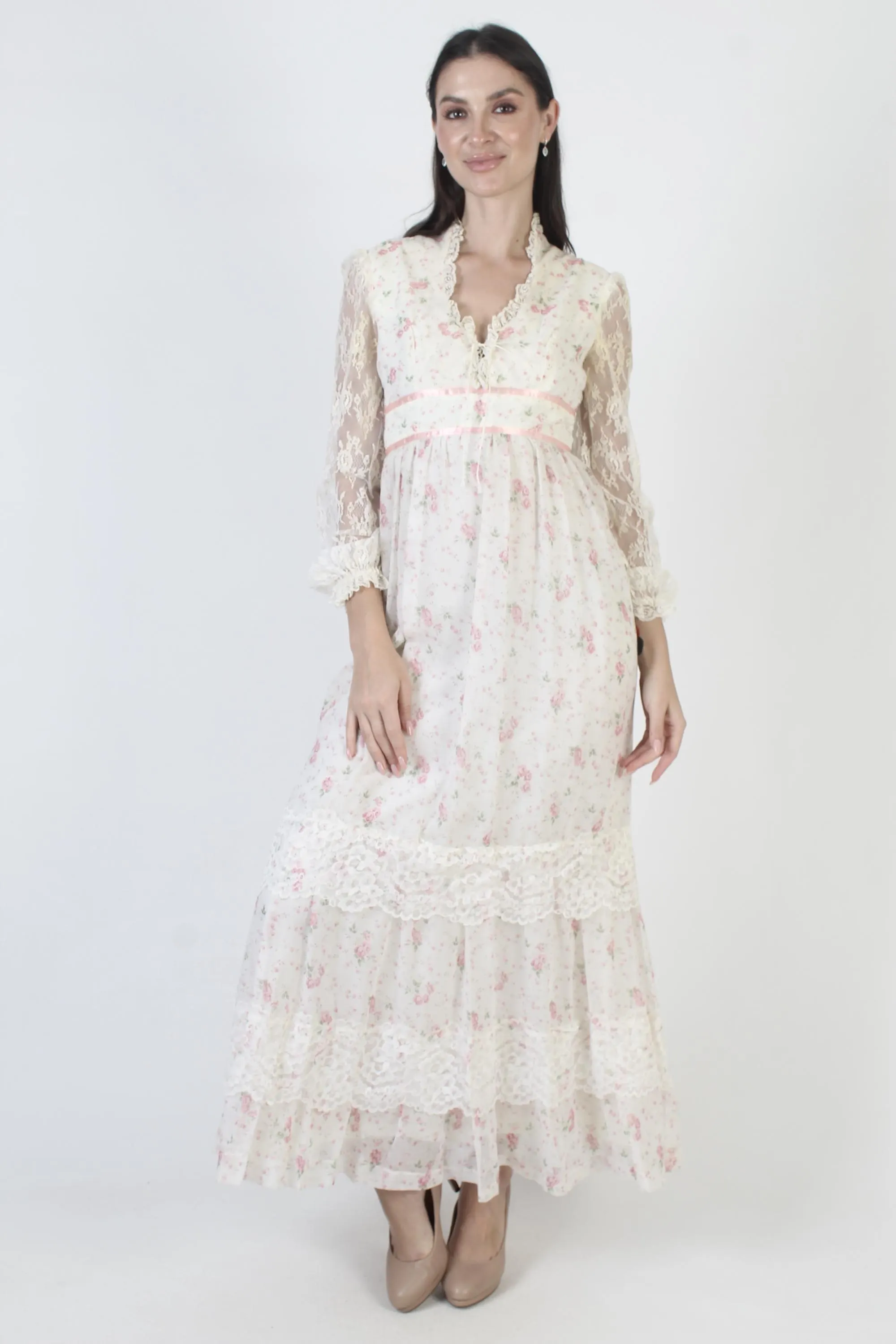 Bohemian Wedding Dress, Vintage Corset Gown, Sheer White Lace Sleeves - image 5