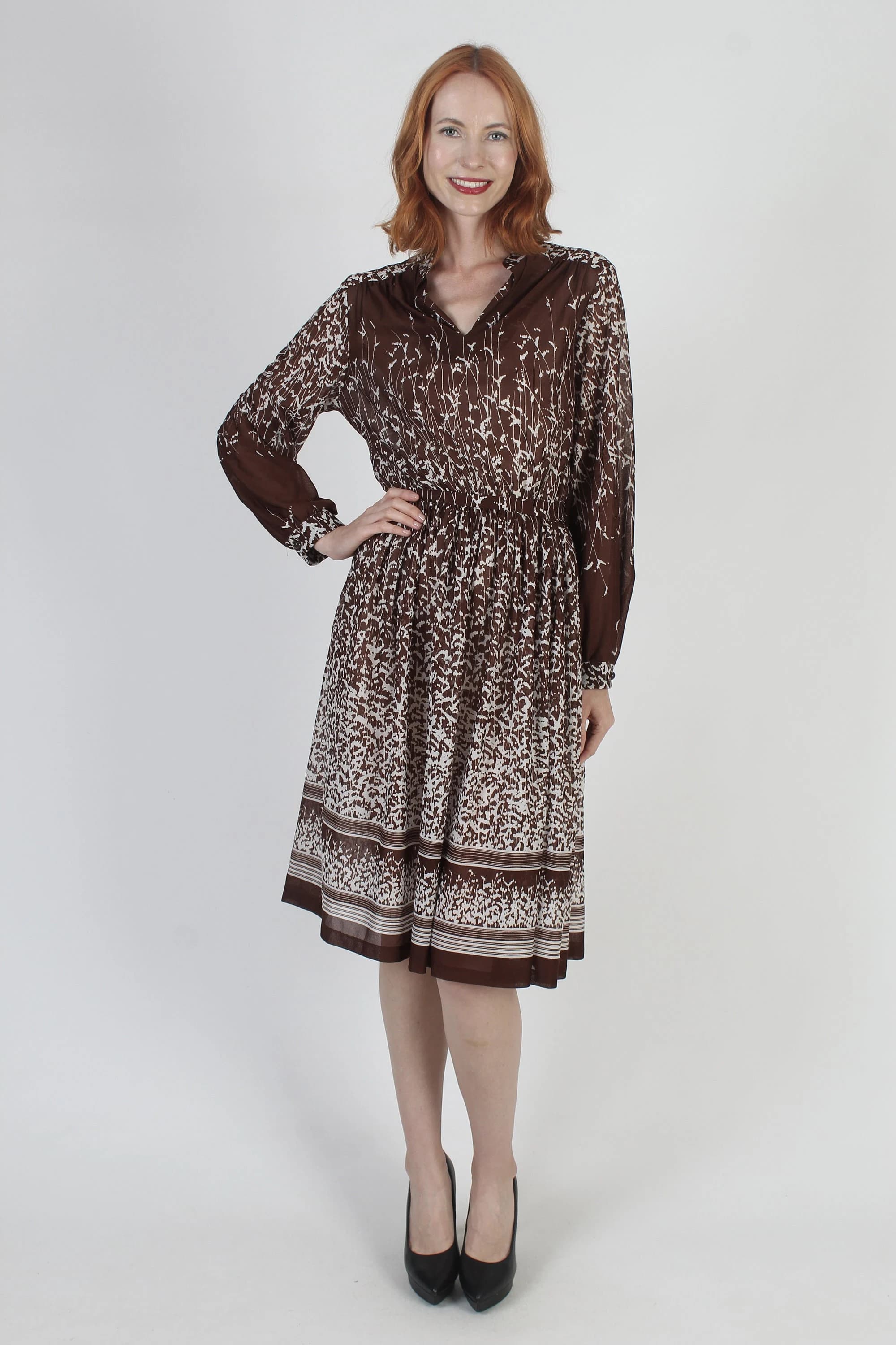 Brown Floral Secretary Dress, Matching Belt, Sheer Lightweight Sundress, Disco Party Mini - image 4