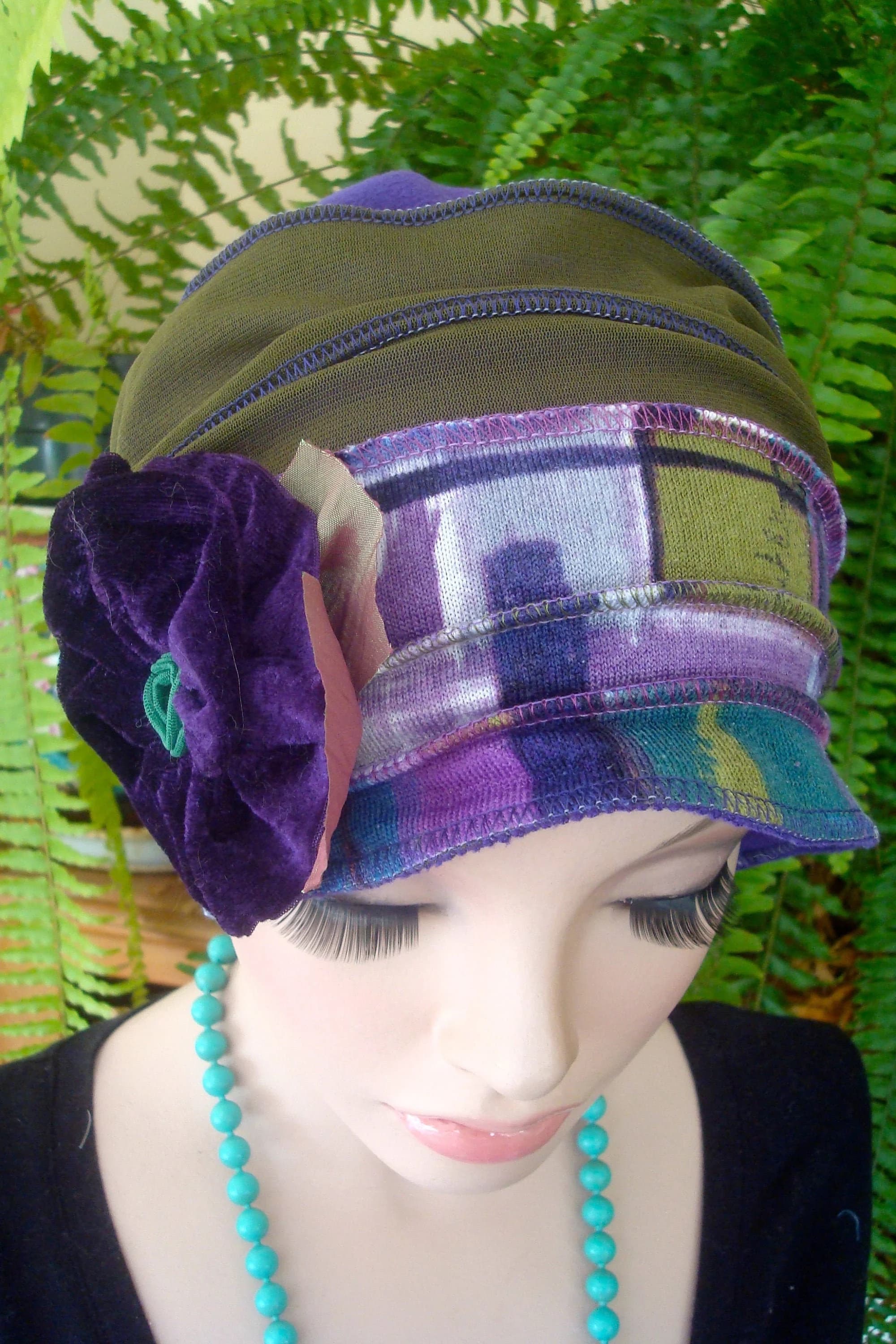 Womens winter hat Chemo Hat Beanie Headcover Flapper chemo hat purple green