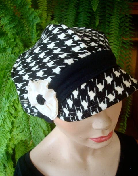 womens hats newsboy winter knit houndstooth hat chemo hats soft hat cosy hat slouchy black white