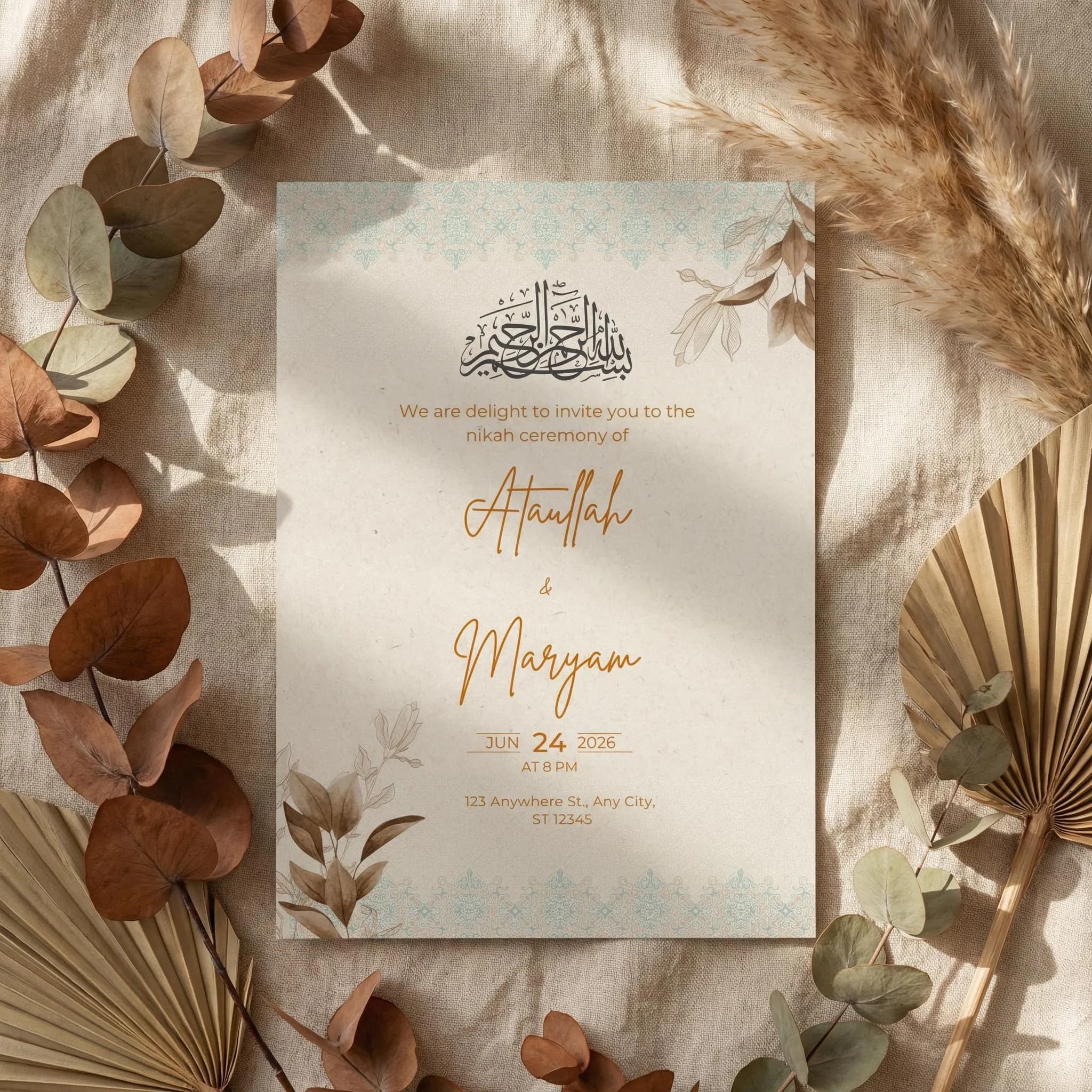 Elegant Islamic Nikkah Invitation Template, Editable Muslim Wedding Canva Card, Arabic Style Invite