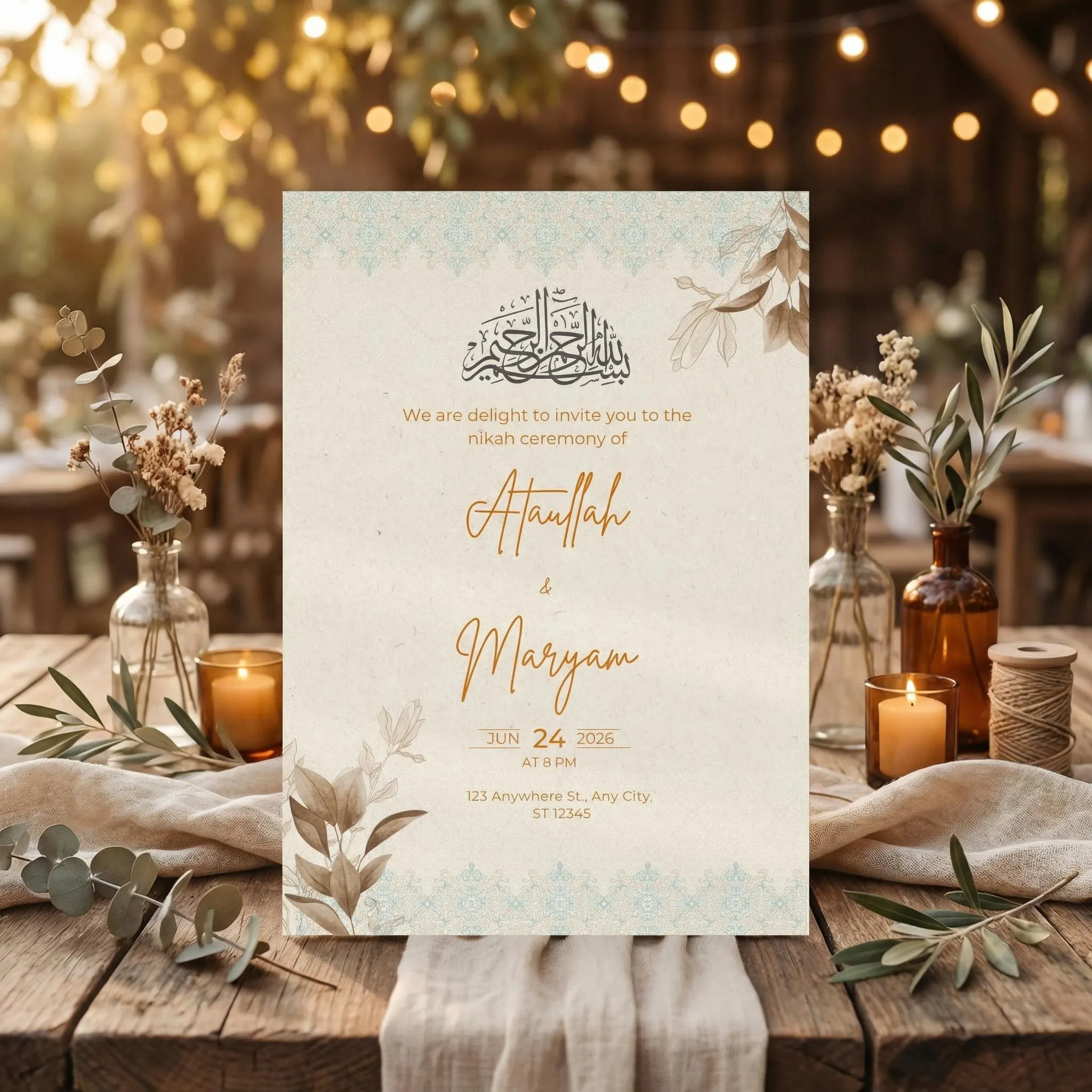 Elegant Islamic Nikkah Invitation Template, Editable Muslim Wedding Canva Card, Arabic Style Invite - image 3