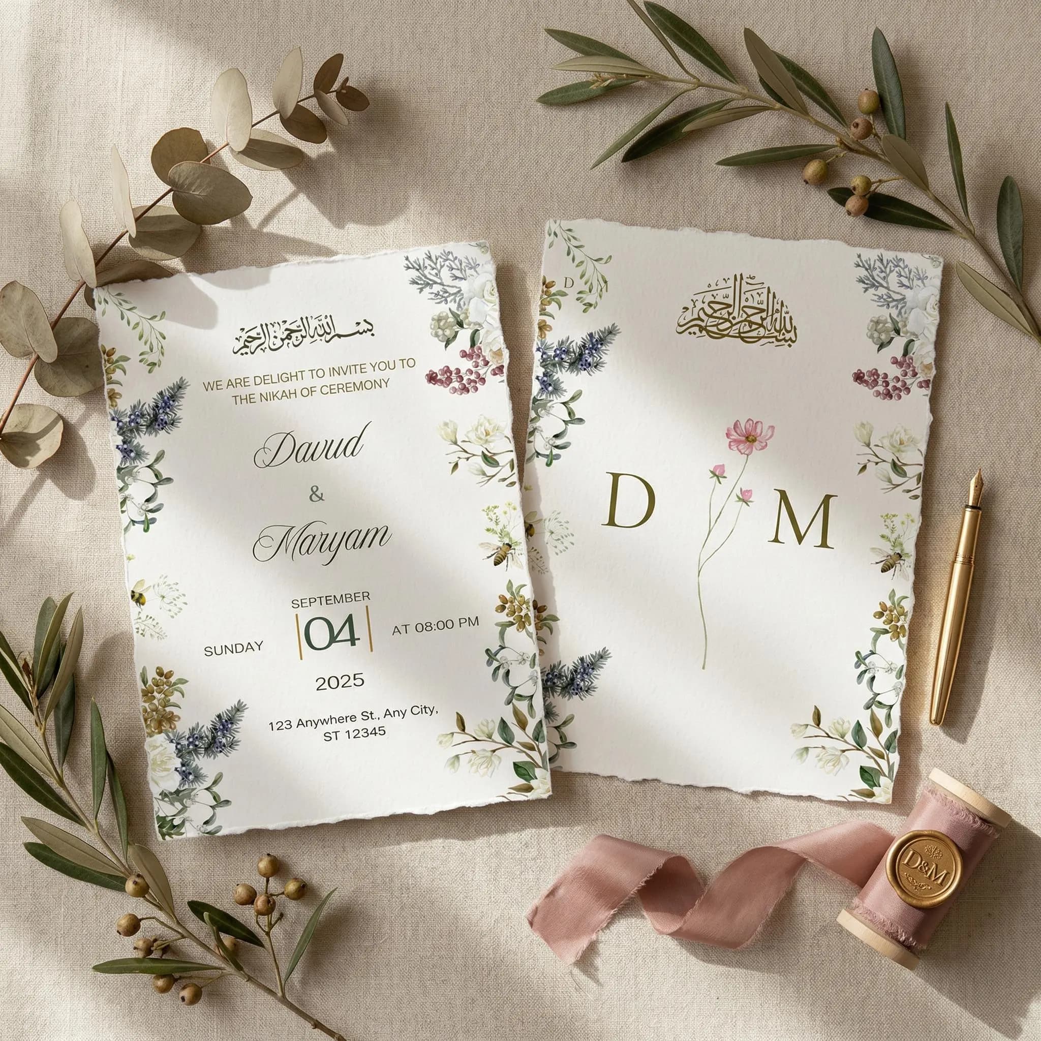 Editable Islamic Wedding Invitation, Nikkah Invitation Template, Muslim Invite, Floral Bismillah Canva Card