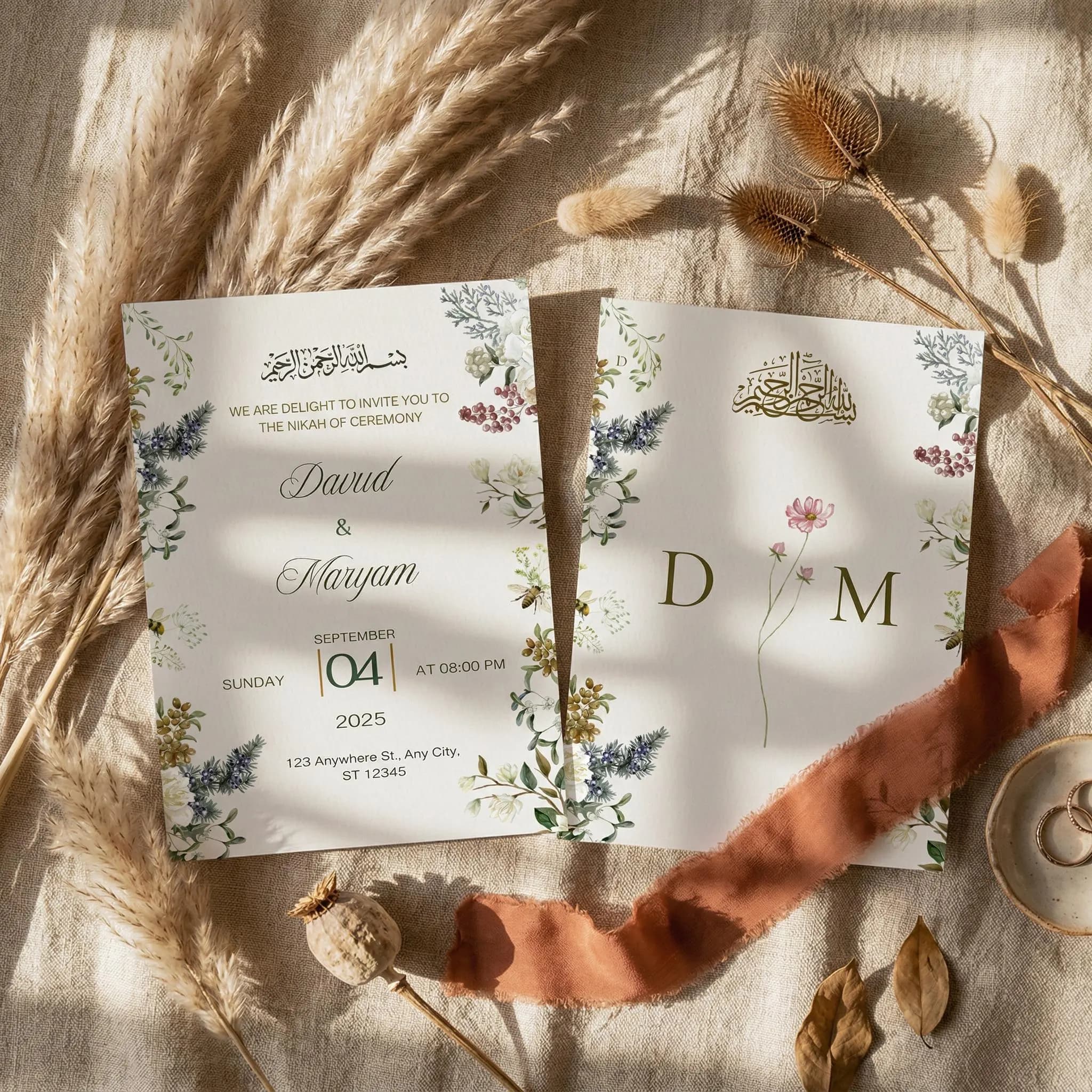 Editable Islamic Wedding Invitation, Nikkah Invitation Template, Muslim Invite, Floral Bismillah Canva Card - image 2