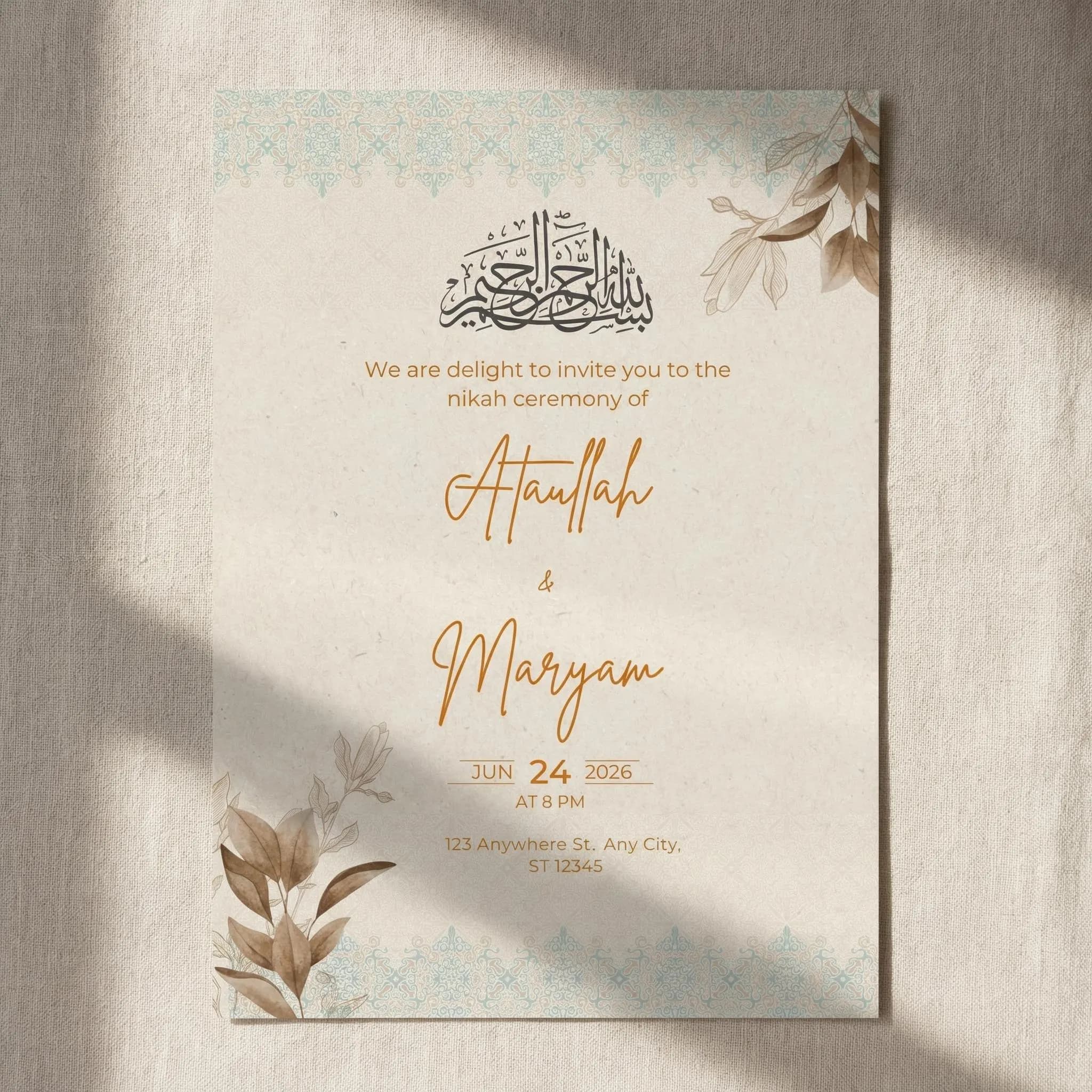 Elegant Islamic Nikkah Invitation Template, Editable Muslim Wedding Canva Card, Arabic Style Invite - image 5