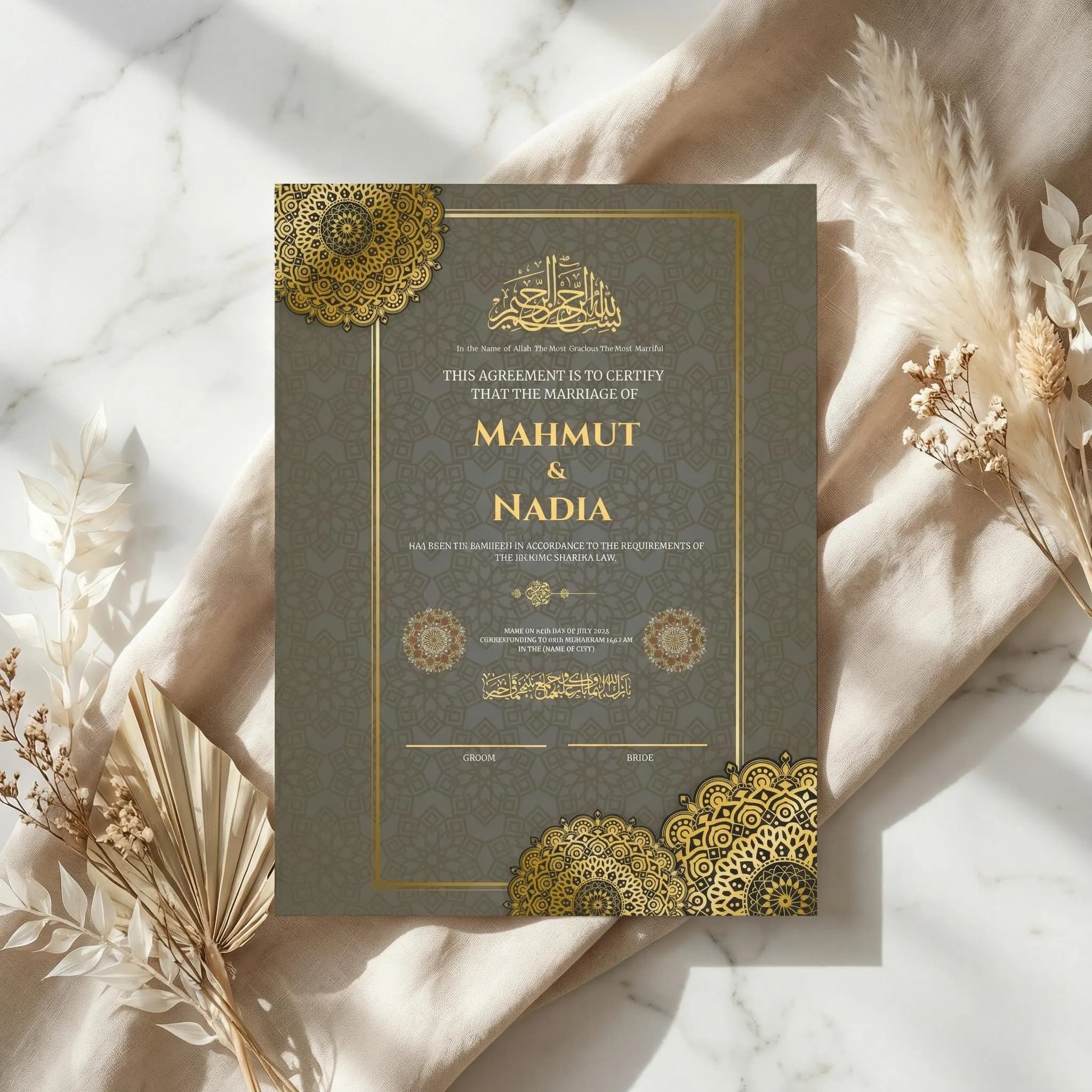 Editable Islamic Nikah Certificate Template, Luxury Muslim Marriage Certificate Canva Download - image 4