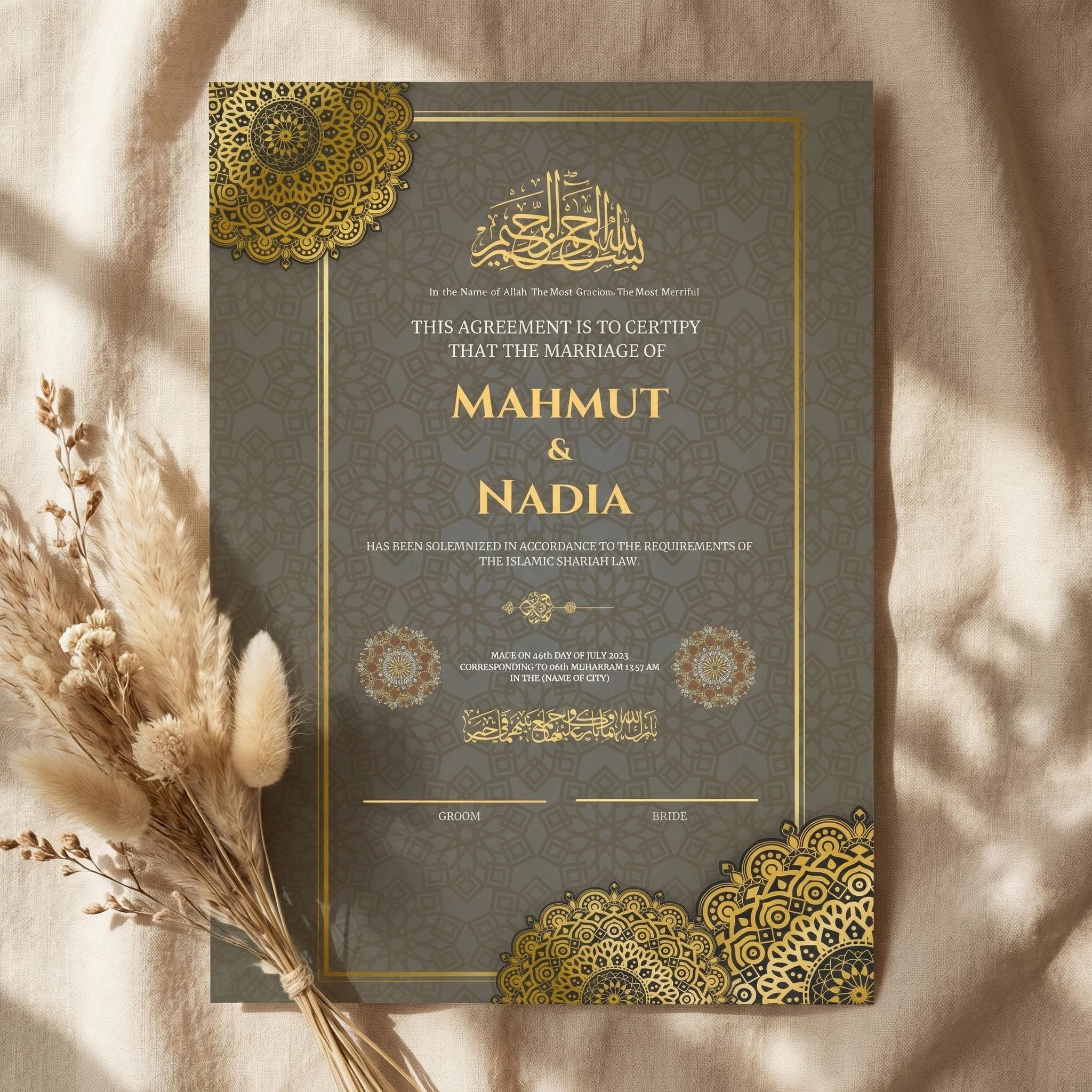 Editable Islamic Nikah Certificate Template, Luxury Muslim Marriage Certificate Canva Download - image 3