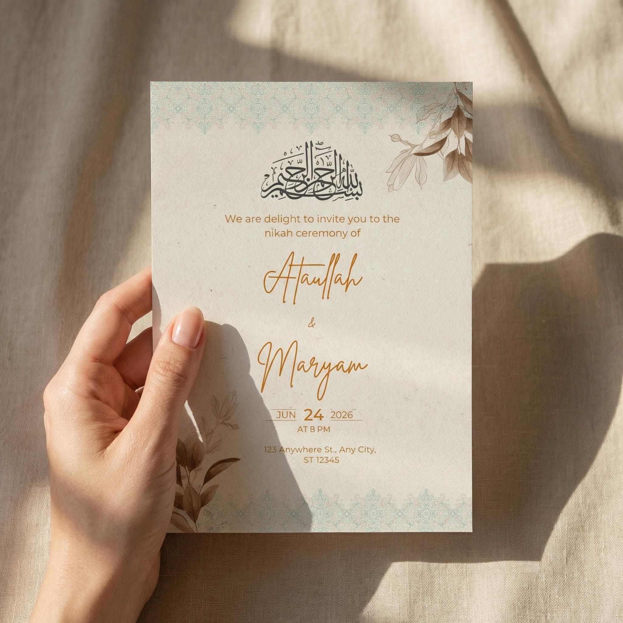 Elegant Islamic Nikkah Invitation Template, Editable Muslim Wedding Canva Card, Arabic Style Invite - image 2