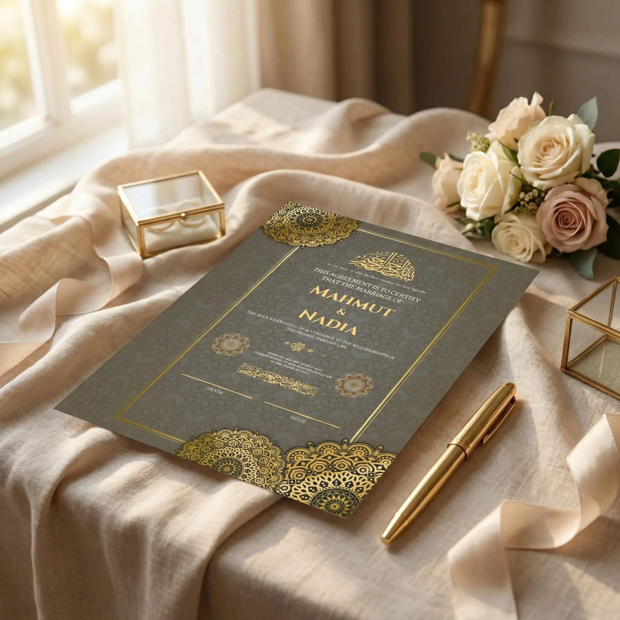 Editable Islamic Nikah Certificate Template, Luxury Muslim Marriage Certificate Canva Download - image 5