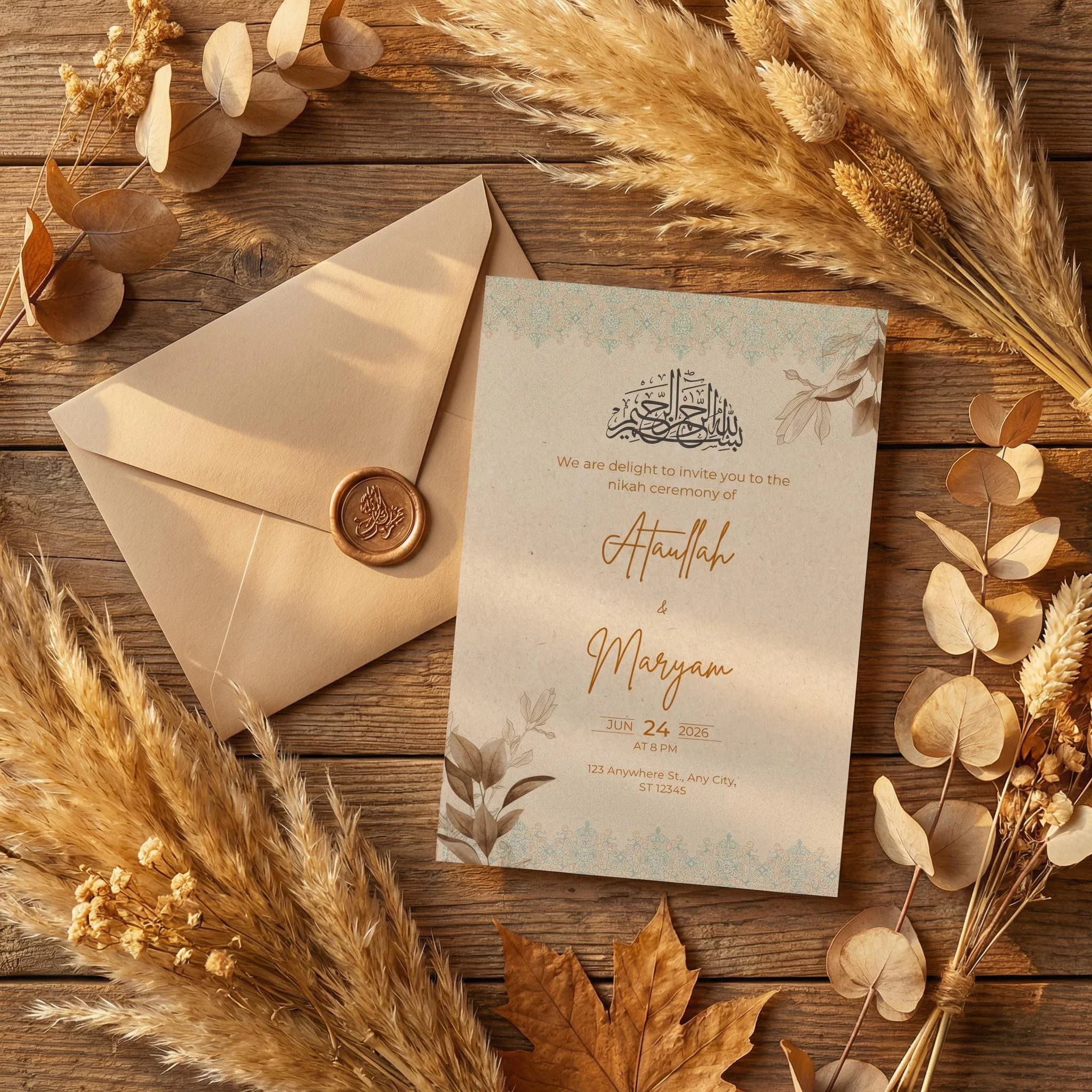 Elegant Islamic Nikkah Invitation Template, Editable Muslim Wedding Canva Card, Arabic Style Invite - image 4
