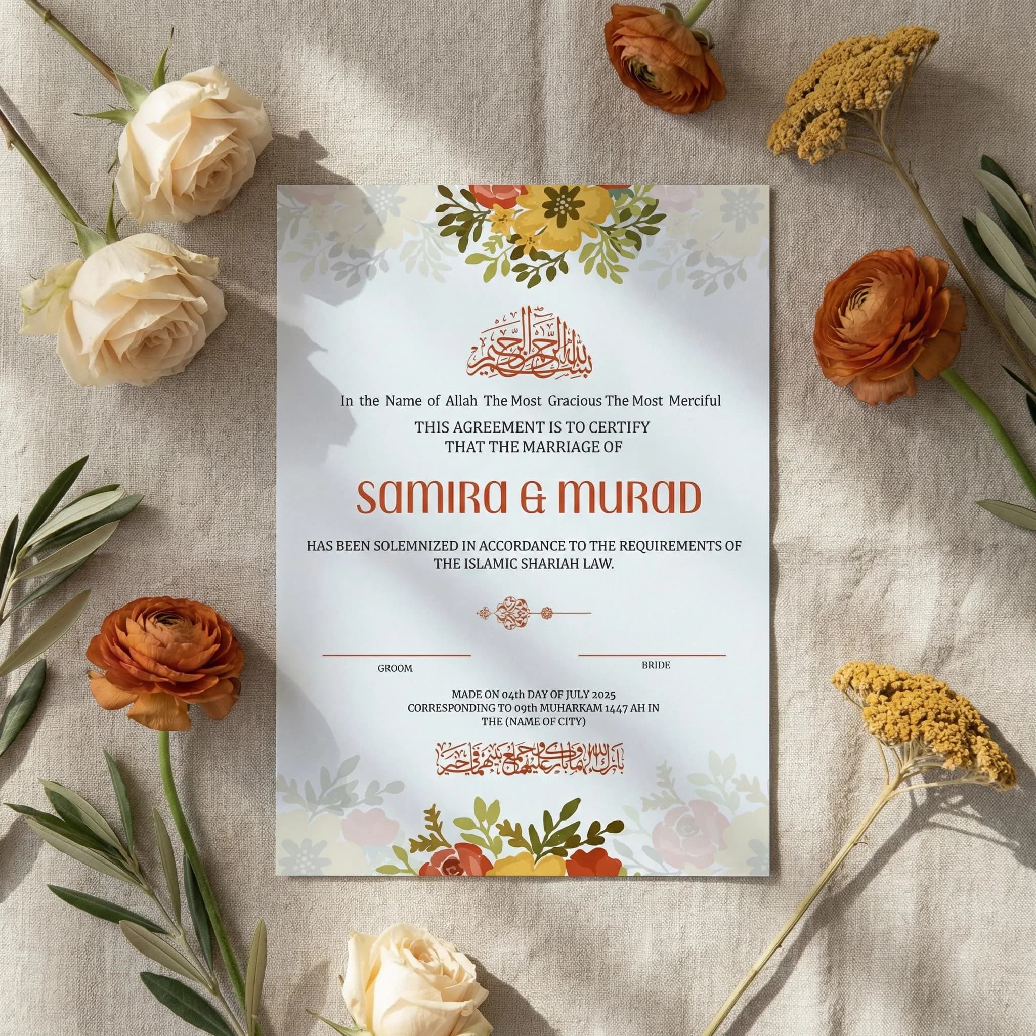 Editable Nikkah Certificate Template, Islamic Marriage Certificate, Muslim Wedding Canva Printable