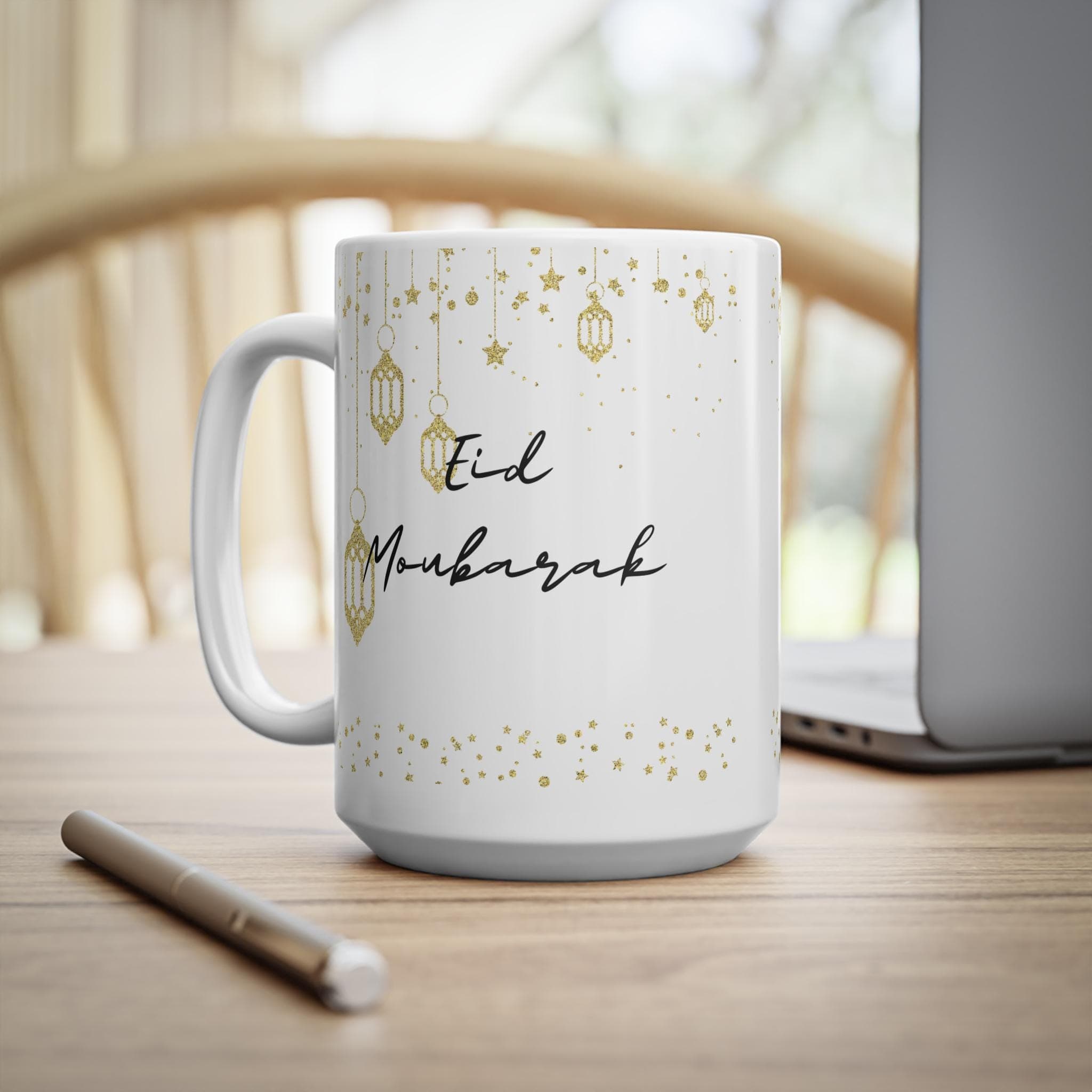 Eid Mubarak Mug –White Islamic Coffee Cup with Gold Lantern Design – Elegant Eid Gift for Friends and Family ,Ramadan and Eid Decor, Gift