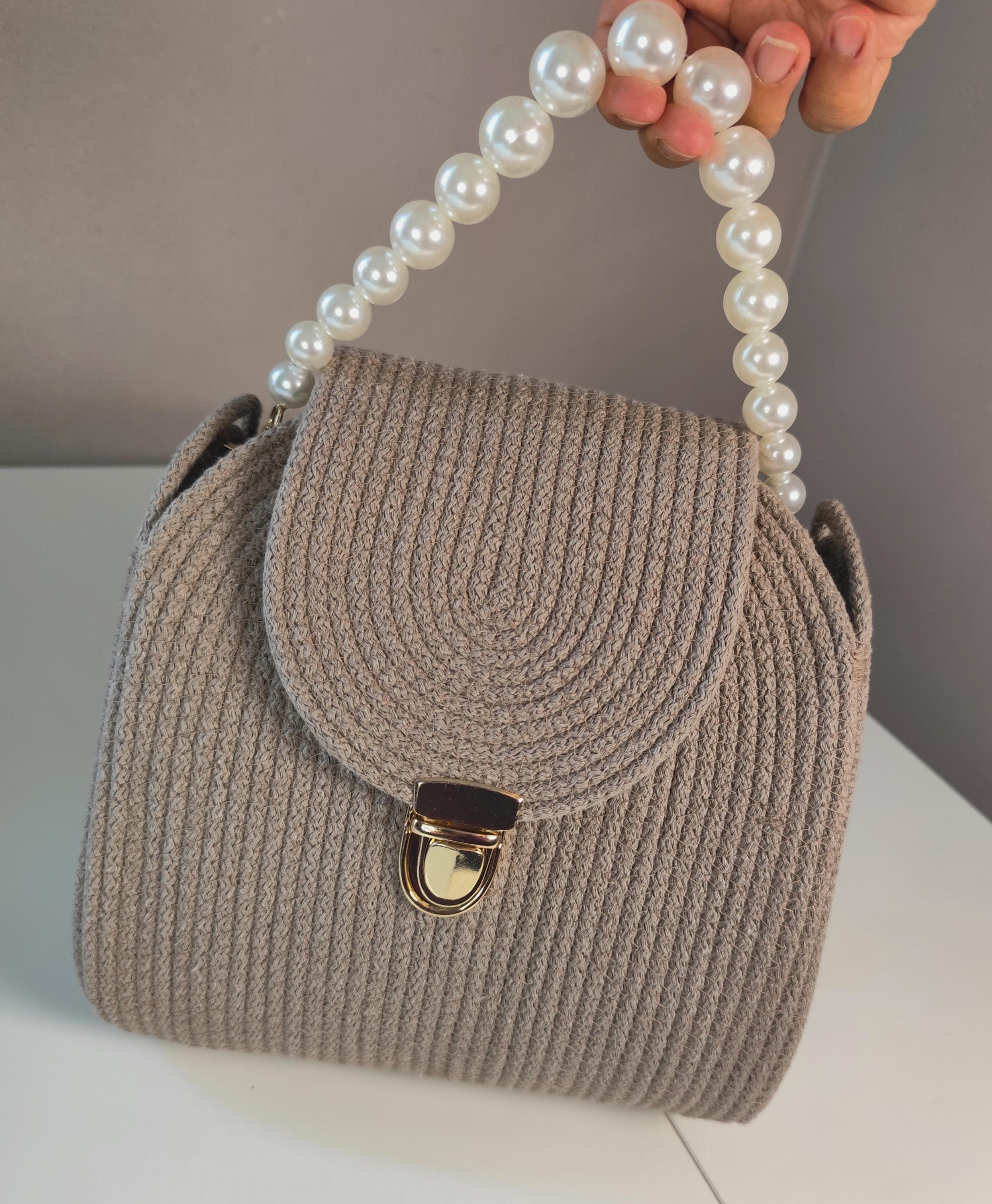 Handmade Rope Bag with Pearl Handle – Cotton Cord Crossbody & Woven Purse – Elegant Boho Handbag Gift for Her, Nacre bag