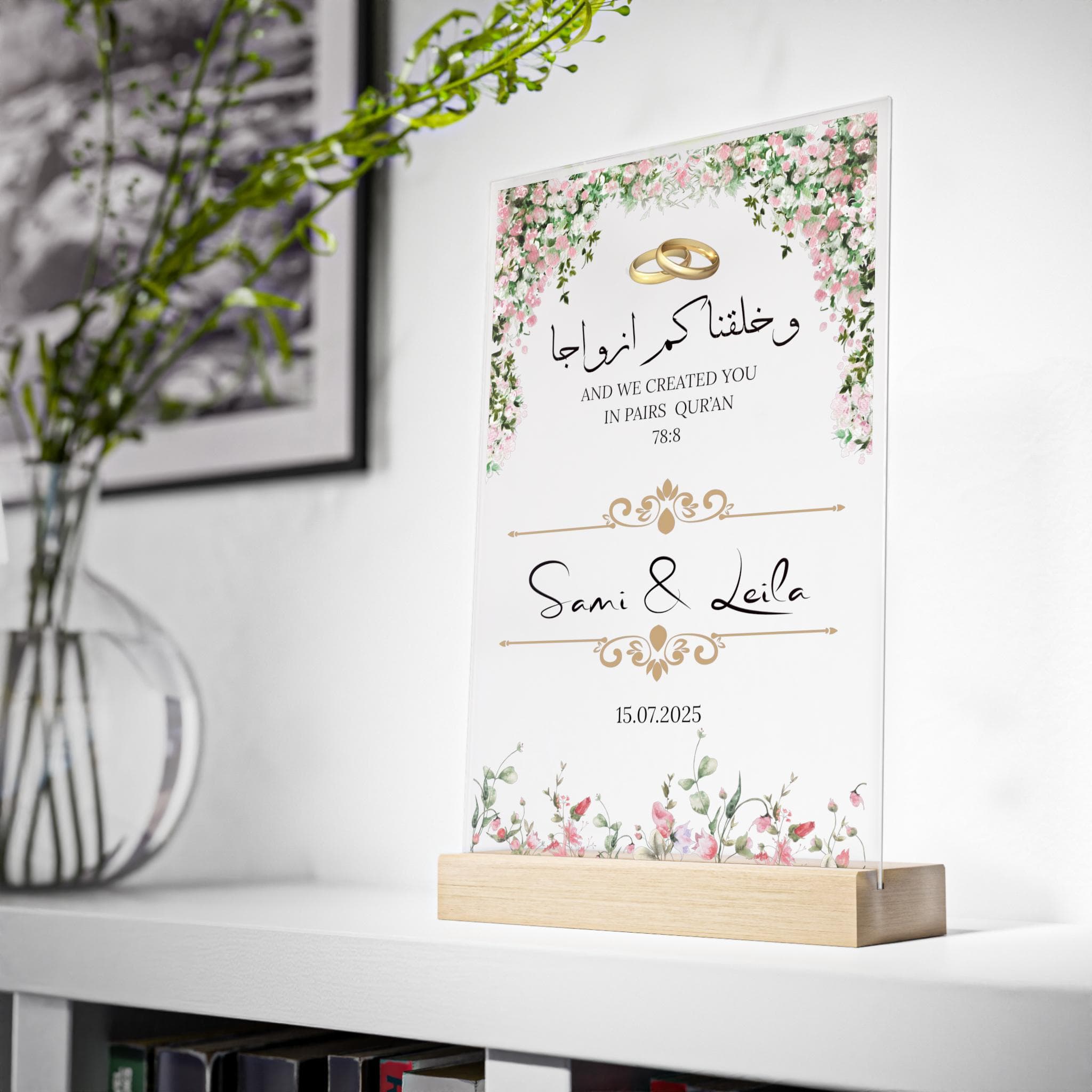 Islamic Acrylic Wedding Sign with Quran Verse, Personalized Transparent Nikah Gift, Muslim Wedding Table Floral Decor, Couple gift