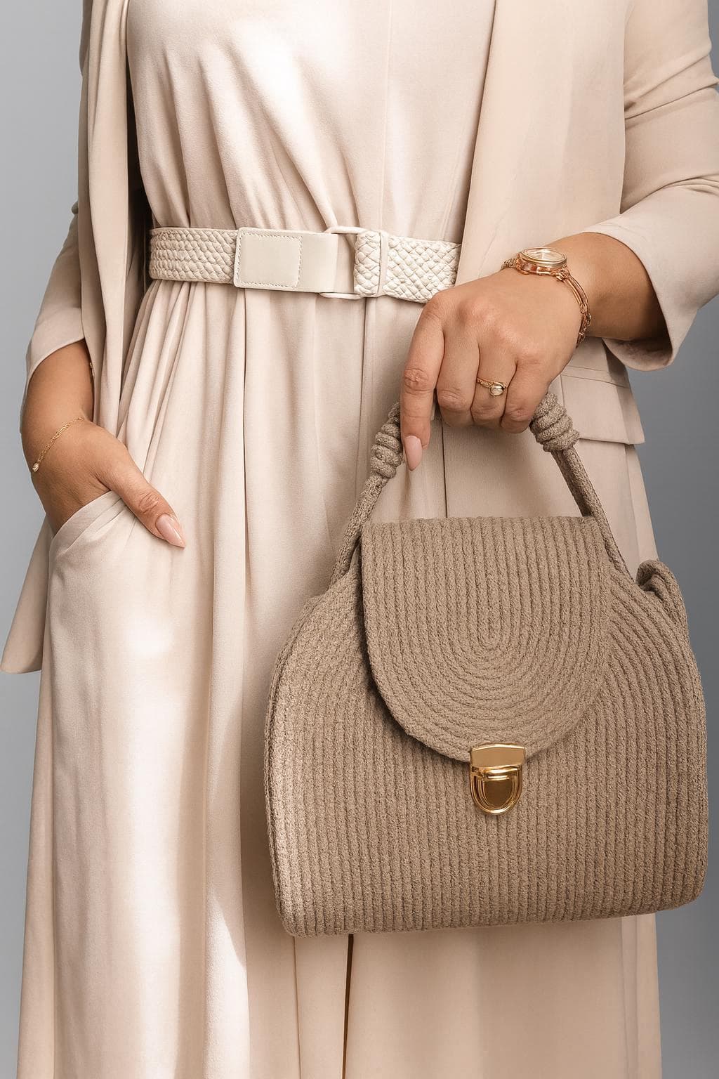 Handmade Rope Bag – Cotton Cord Handbag with Gold Clasp – Elegant Woven Purse – Boho Chic Crossbody –  Gift for Her , Cord bag, Desert color