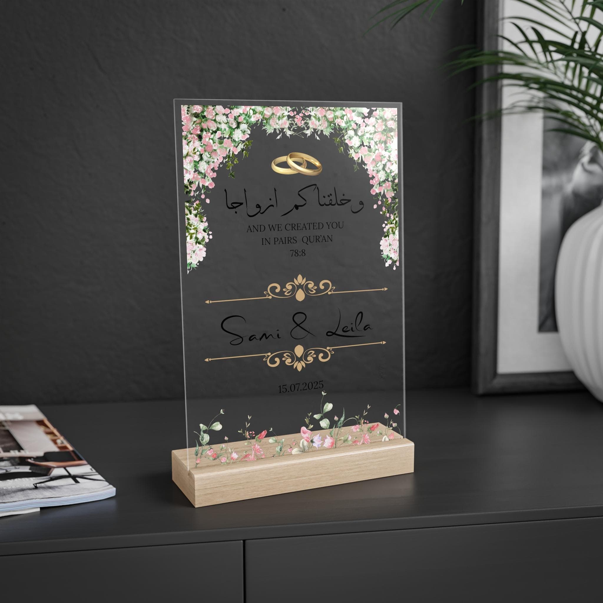 Islamic Acrylic Wedding Sign with Quran Verse, Personalized Transparent Nikah Gift, Muslim Wedding Table Floral Decor, Couple gift - image 4