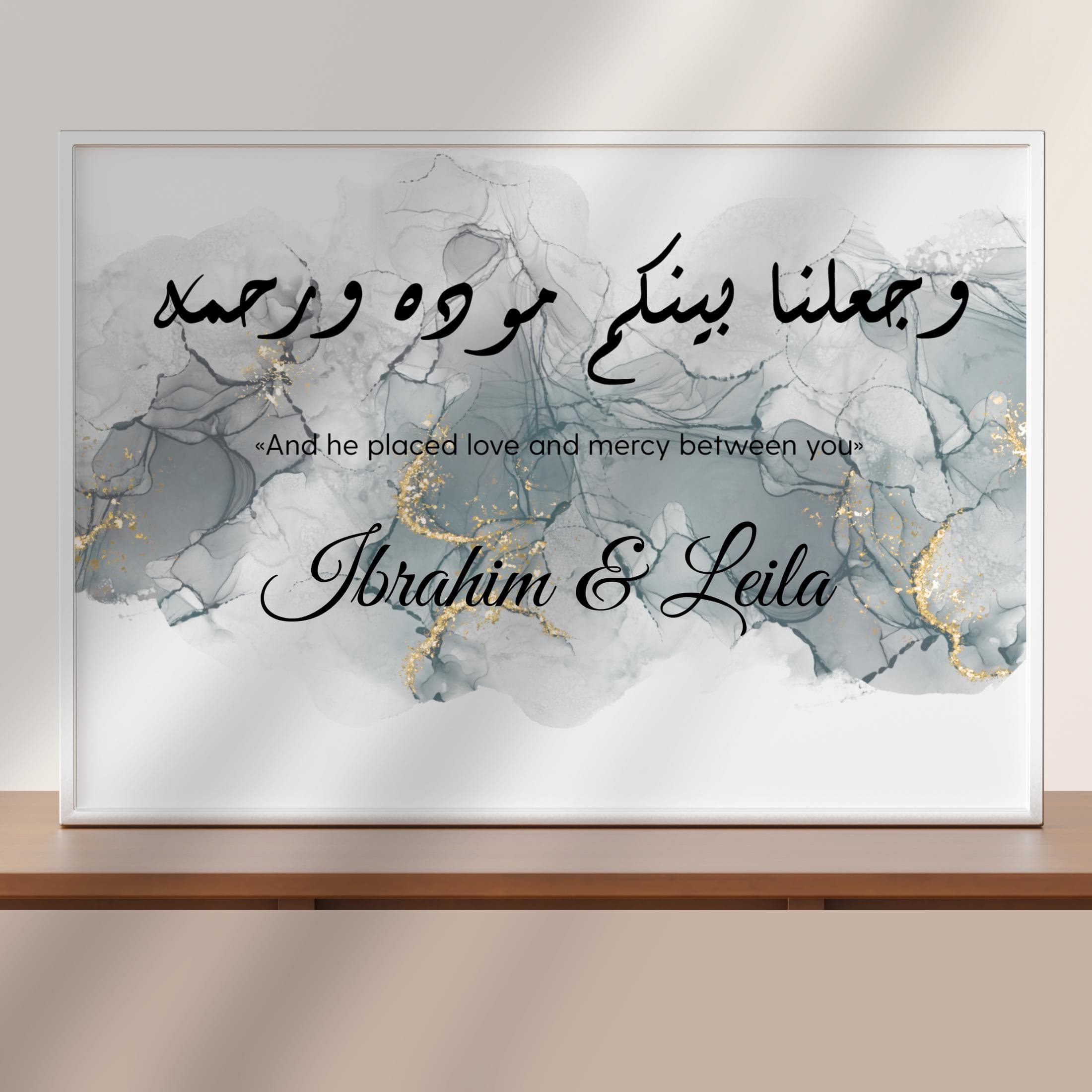 Custom Islamic Couple Poster, And He Placed Love and Mercy Between You ,Quran Wall Art , Arabic Wedding Gift ,Personalized Names, Free Ship