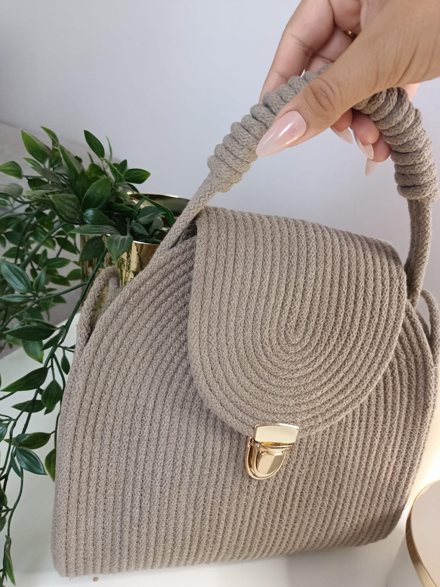 Handmade Rope Bag – Cotton Cord Handbag with Gold Clasp – Elegant Woven Purse – Boho Chic Crossbody –  Gift for Her , Cord bag, Desert color - image 3