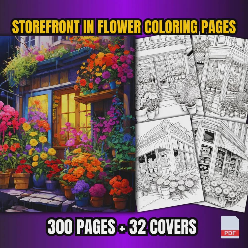 Flower Storefront Coloring Pages | 300 Printable Designs (PDF Format)
