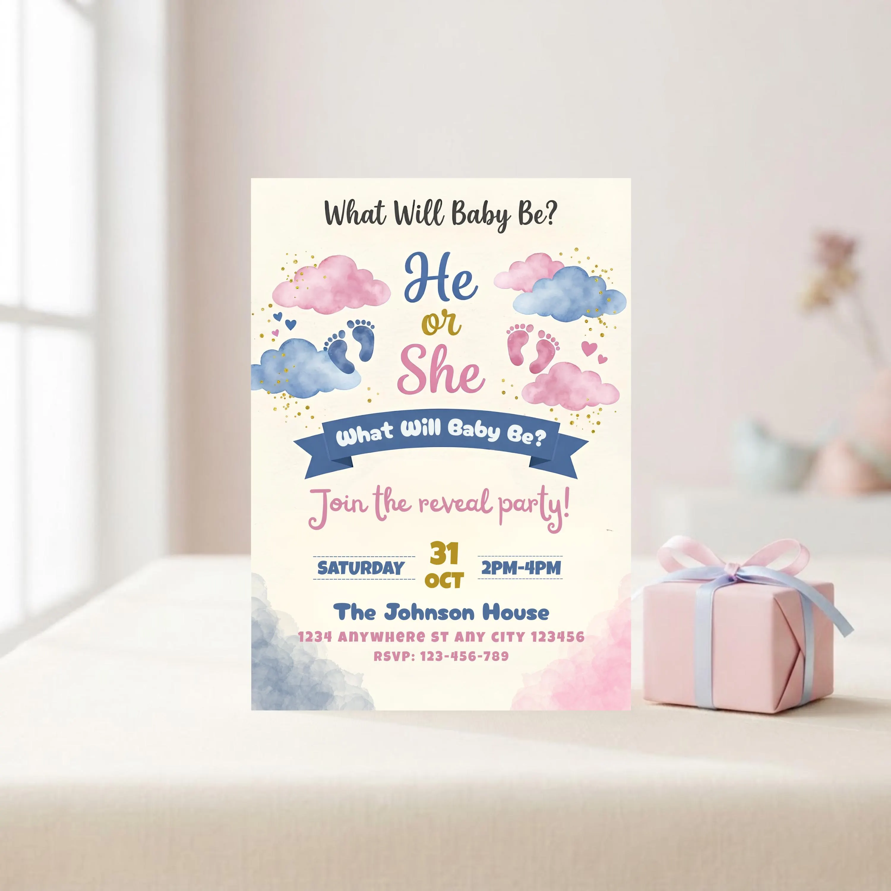 Gender Reveal Invitation Template, He or She Baby Shower Invite, Clouds Editable Canva Template, Printable Instant Download, Pink Blue - image 3