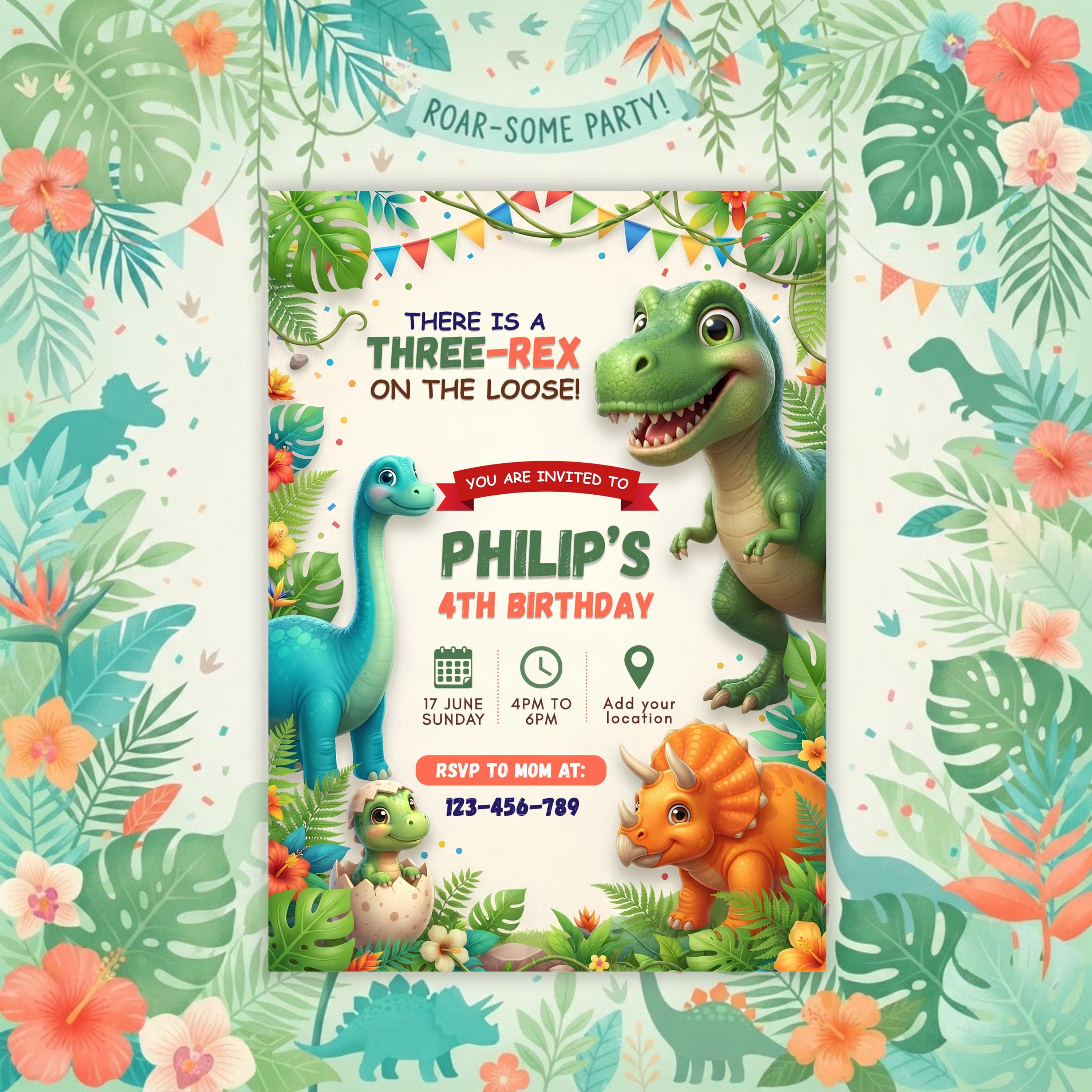 Dinosaur Birthday Invitation Template, Three-Rex Editable Canva Invite, Jungle Dino Party Invite, Printable Instant Download