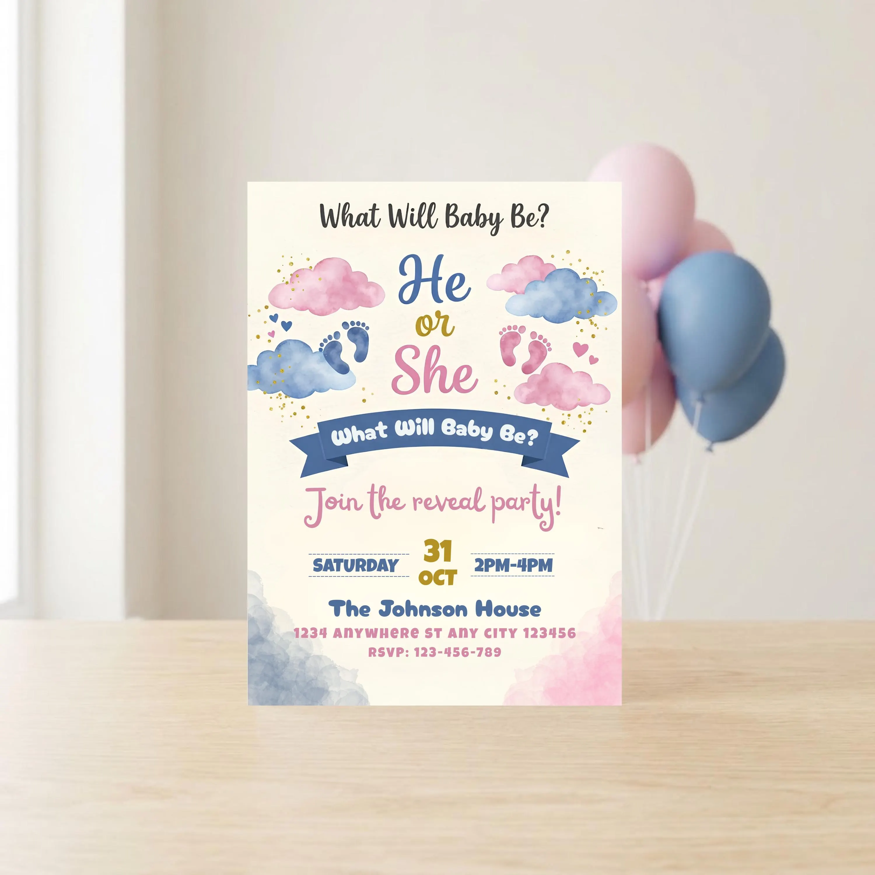 Gender Reveal Invitation Template, He or She Baby Shower Invite, Clouds Editable Canva Template, Printable Instant Download, Pink Blue - image 5