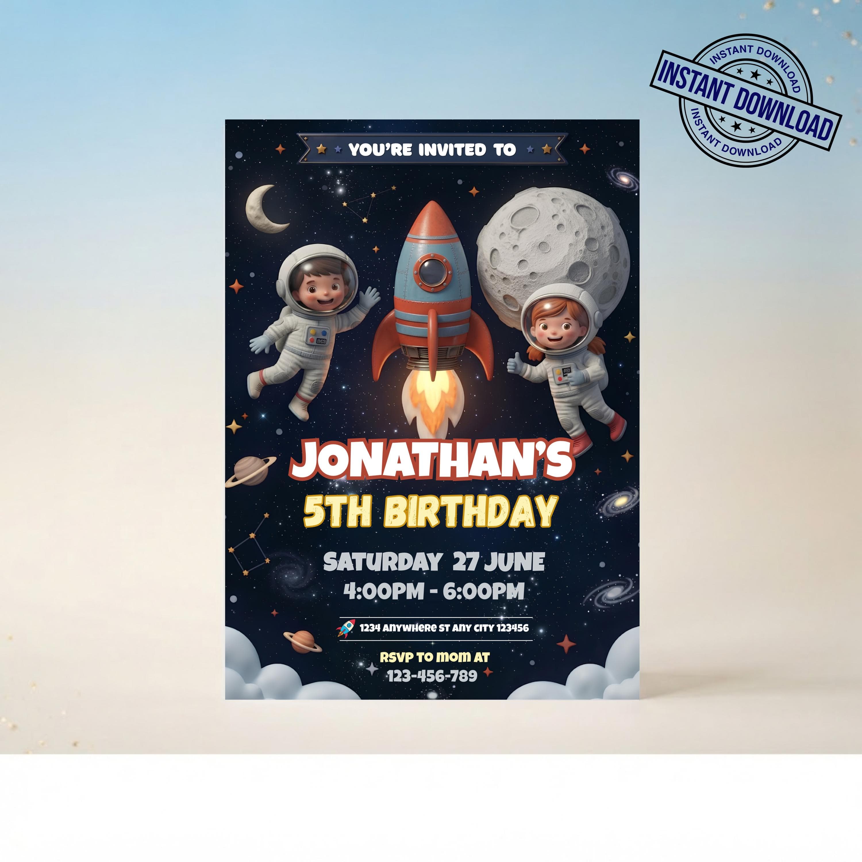 Astronaut Birthday Invitation Template, Blast Off Rocket Party Invite, Editable Canva Space Birthday for Boys Girls, 5x7 Instant Download
