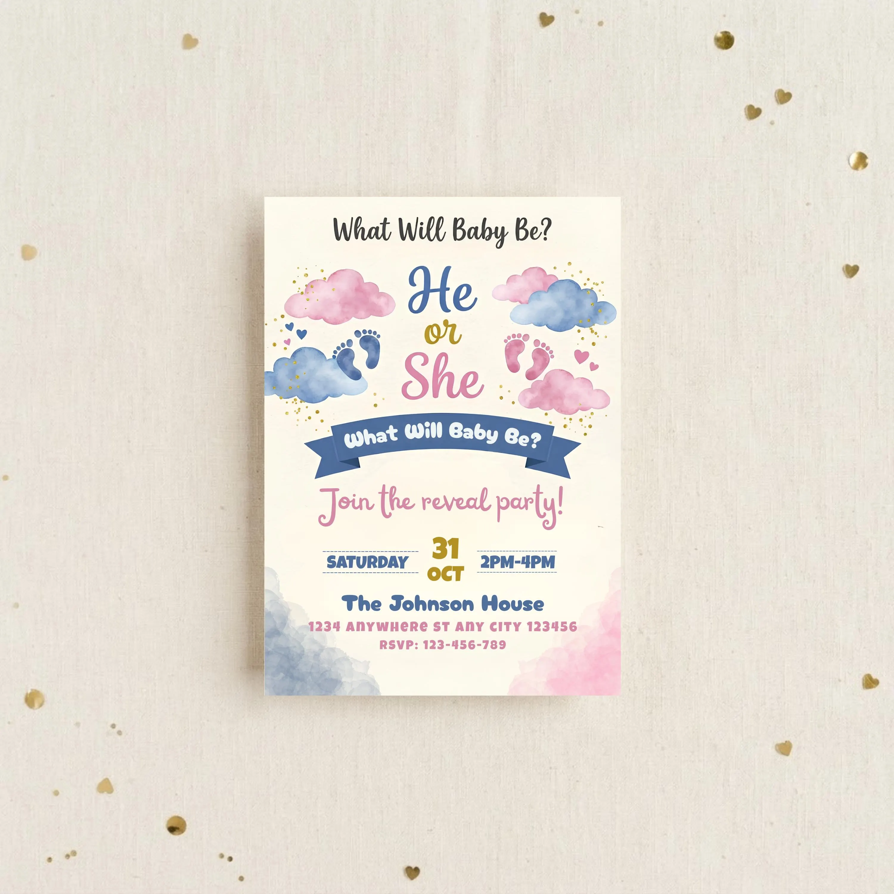 Gender Reveal Invitation Template, He or She Baby Shower Invite, Clouds Editable Canva Template, Printable Instant Download, Pink Blue