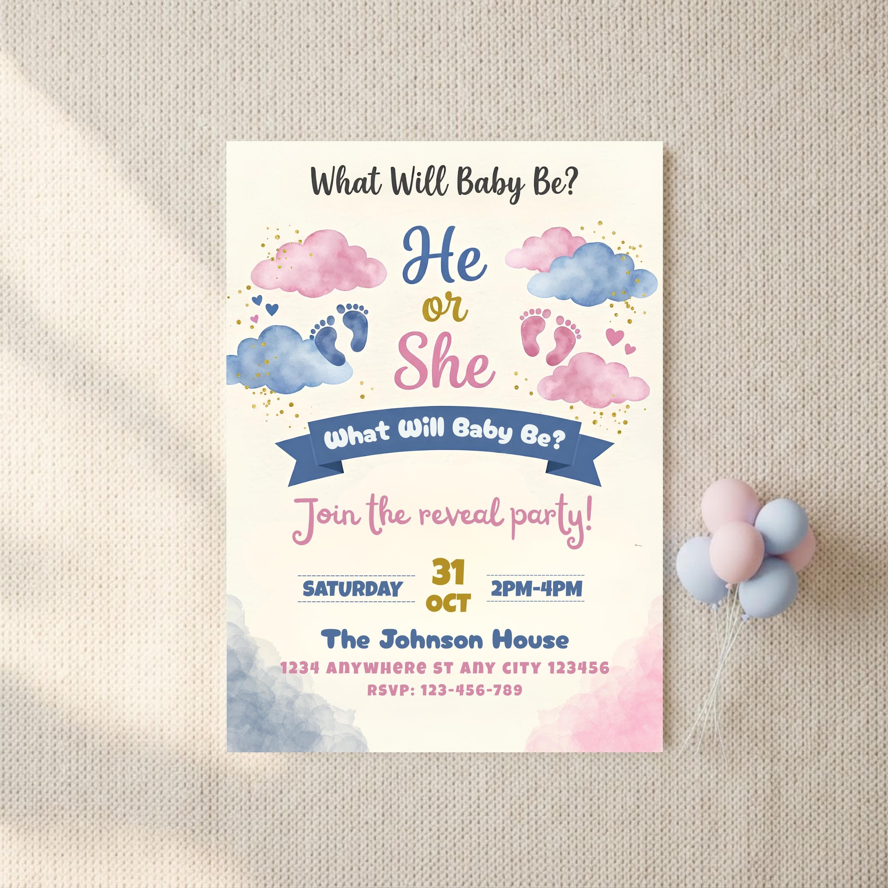 Gender Reveal Invitation Template, He or She Baby Shower Invite, Clouds Editable Canva Template, Printable Instant Download, Pink Blue - image 4