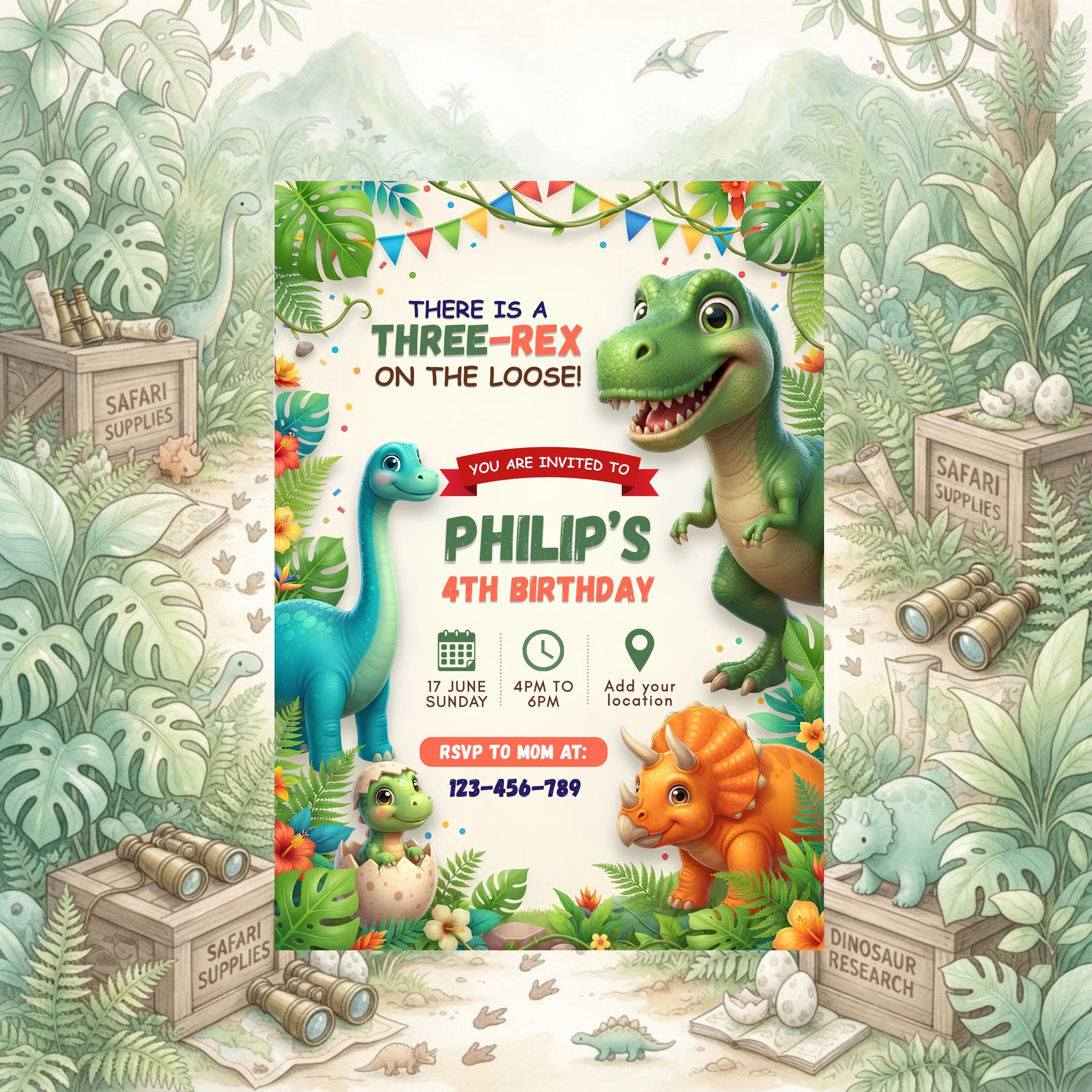 Dinosaur Birthday Invitation Template, Three-Rex Editable Canva Invite, Jungle Dino Party Invite, Printable Instant Download - image 5