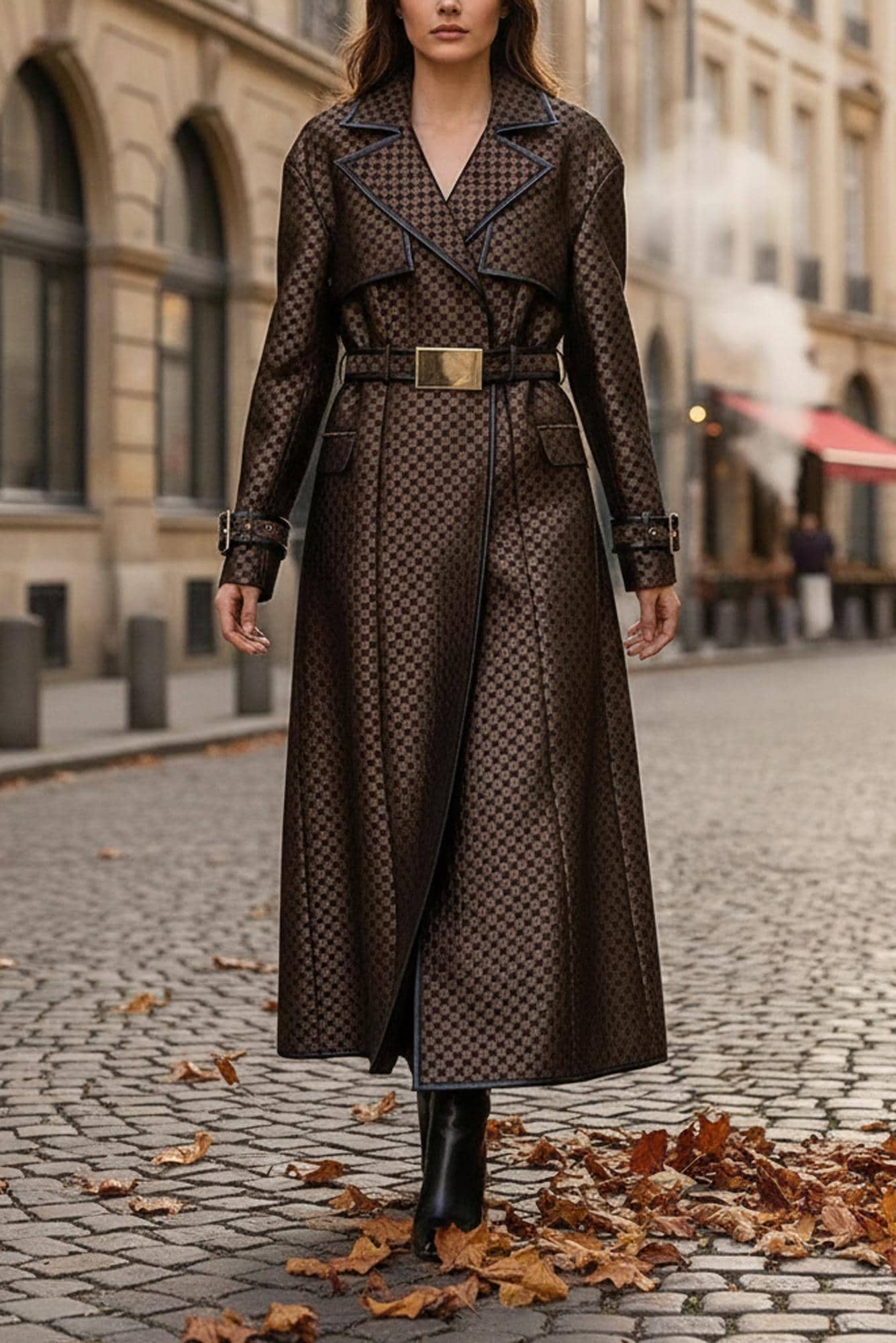 Women Long Belted Jacquard Trench Coat Maze Pattern Geometric Knit Long Windbreaker