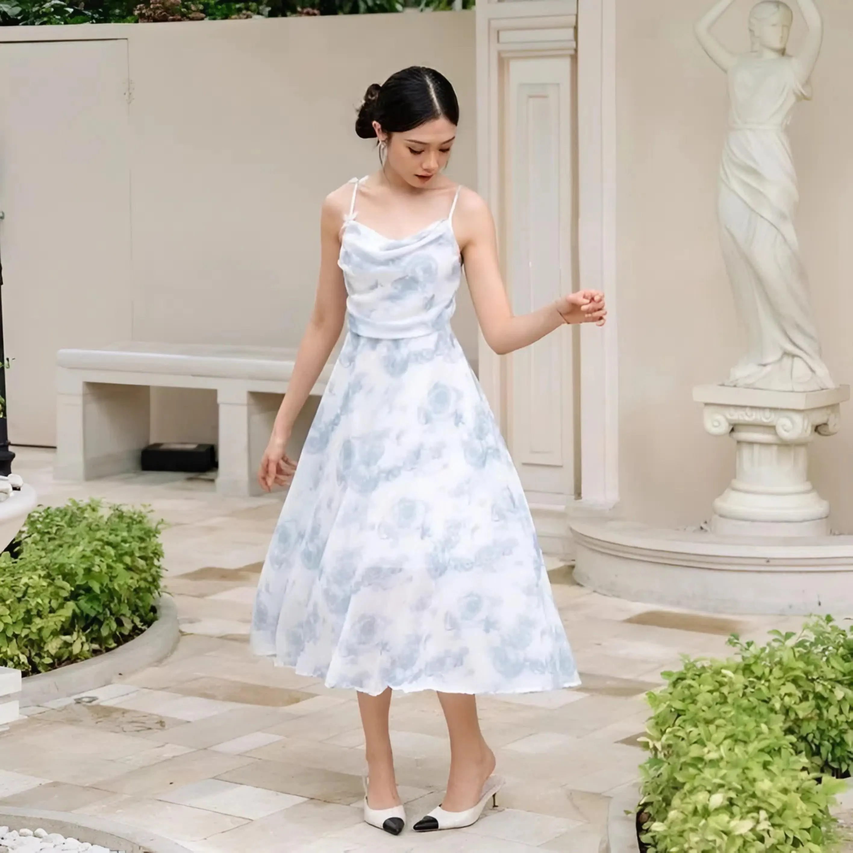Butterfly Detail Adjustable Strap Midi Dress