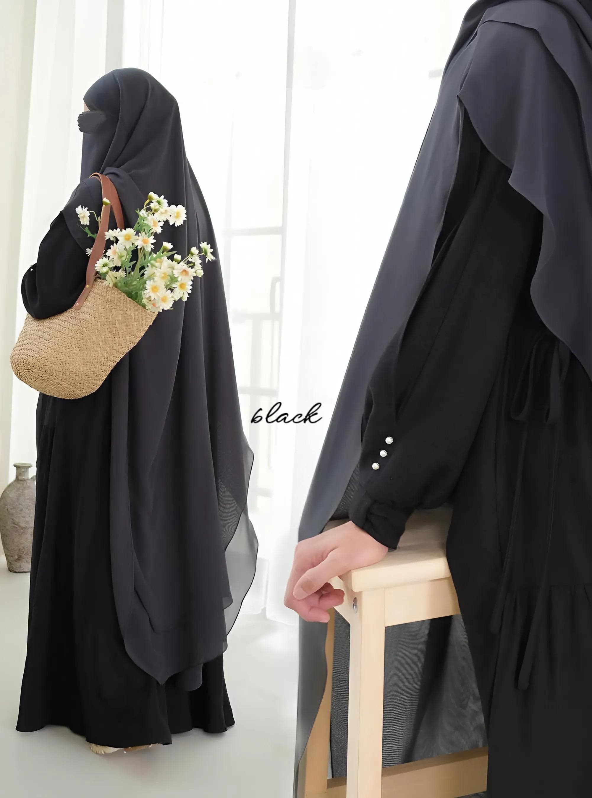 Pearl-Embellished Crinkle Linen Abaya Dress with Khimar: Modest Ramadan Eid Outfit - image 4