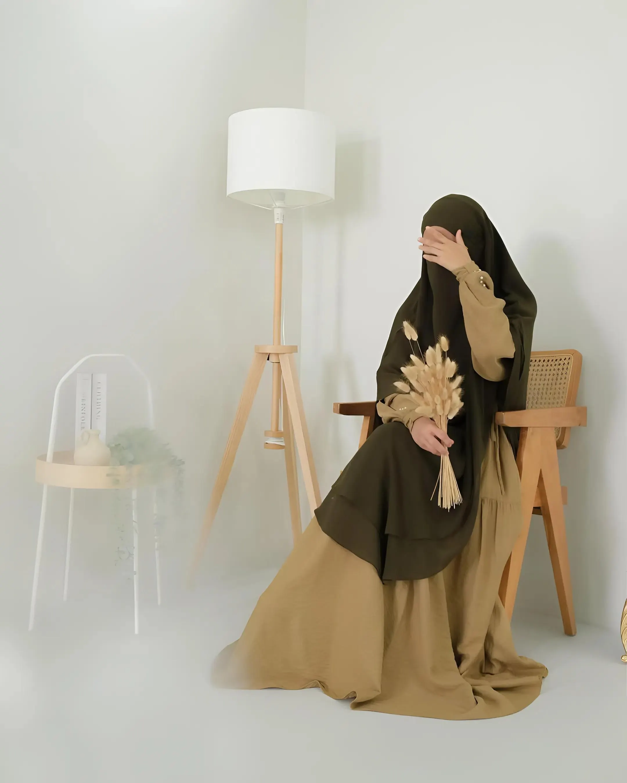 Pearl-Embellished Crinkle Linen Abaya Dress with Khimar: Modest Ramadan Eid Outfit
