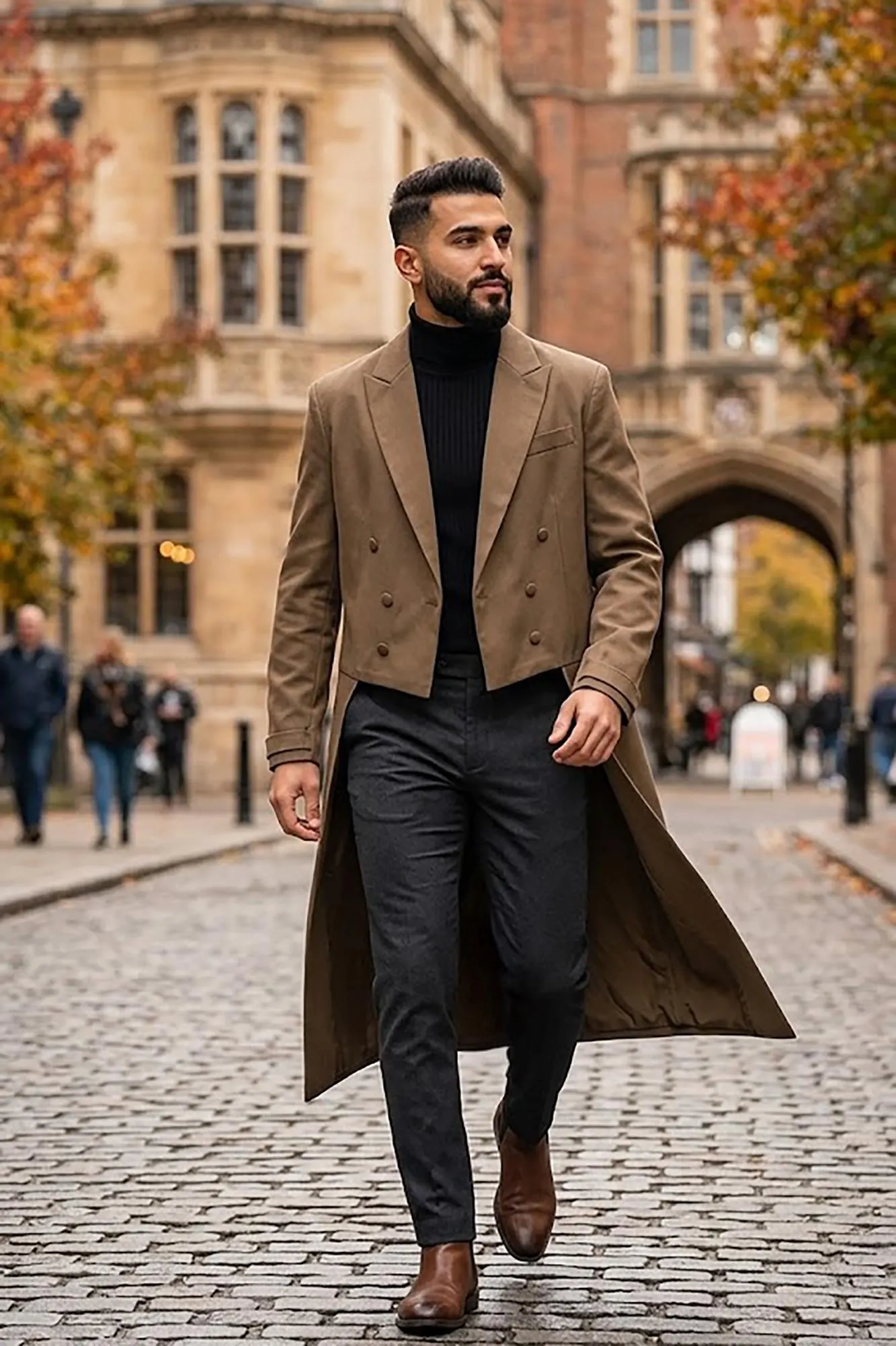 A man walking down a hallway wearing a sophisticated black formal tailcoat tuxedo with white trousers and a bowtie