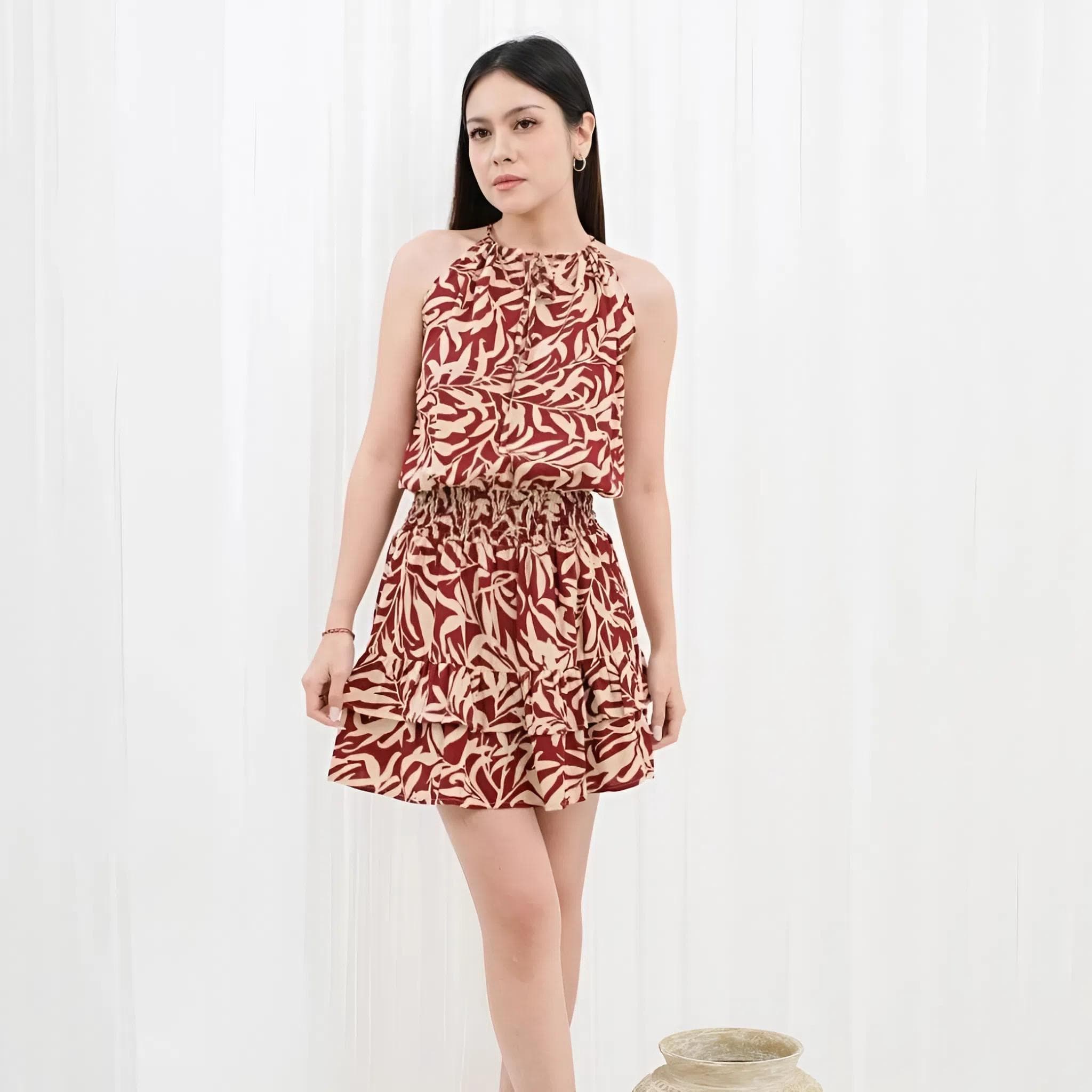 Floral Rayon Halter Mini Dress with Elastic Waist