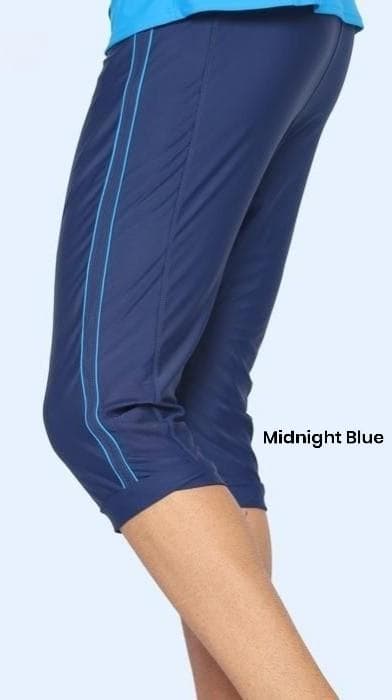 Men’s navy blue swimwear set with long sleeve top and knee-length spandex shorts, modest swim suit nylon spandex material