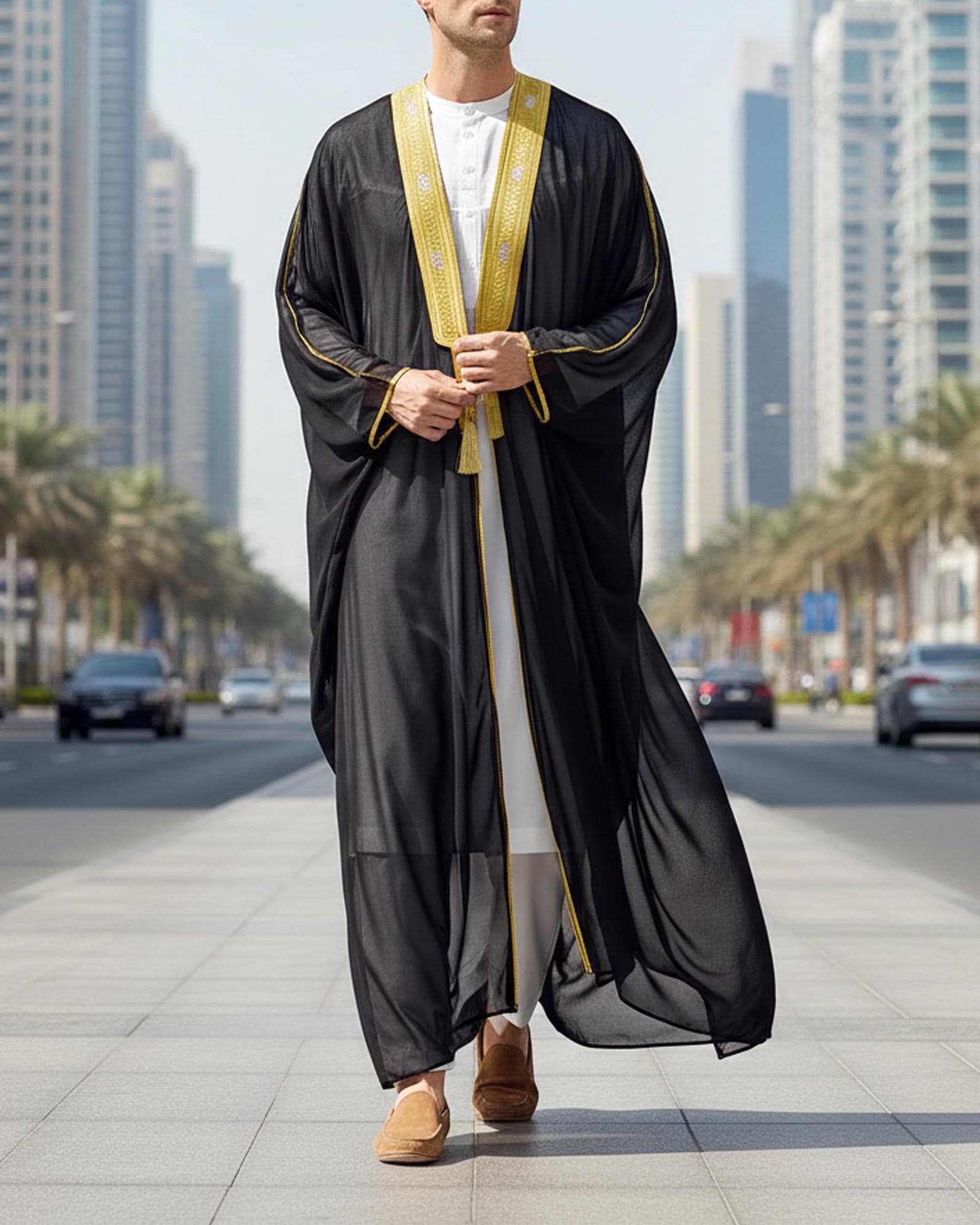 Men's Bisht Open Front Thobe Cardigan Abaya Long Robe for Eid and Ramadan