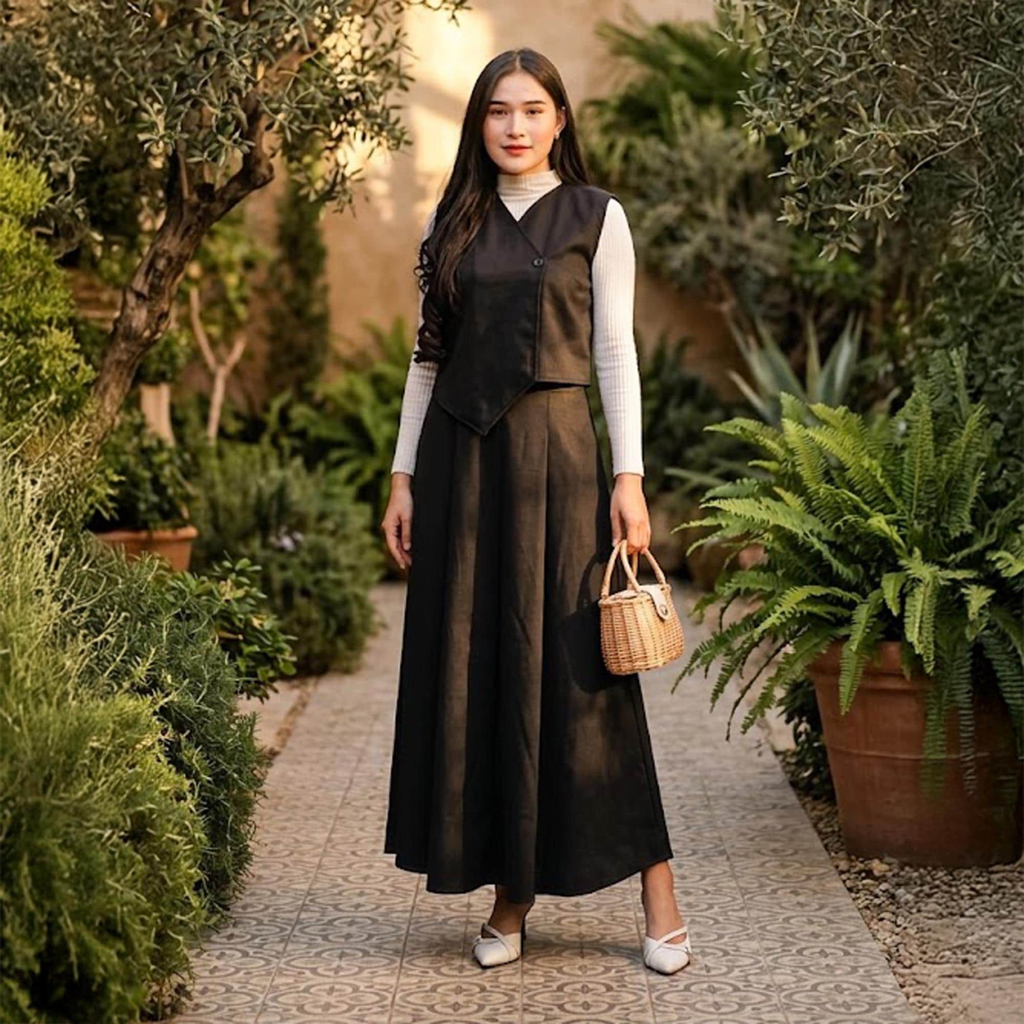 Asymmetric Vest and A-Line Maxi Skirt Set Scuba Fabric Modest Two Piece Suit