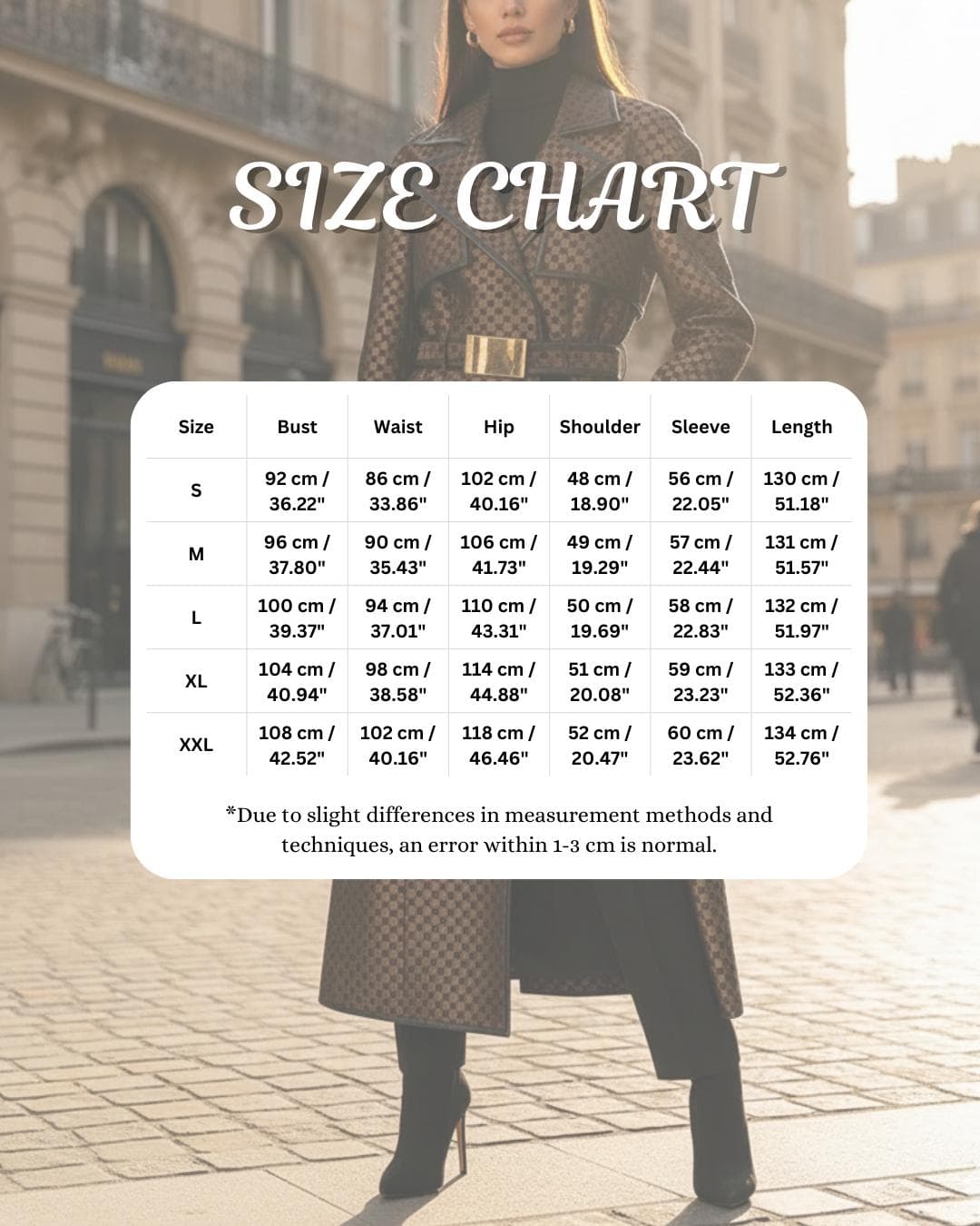 A woman wearing a long chocolate brown trench coat with a black geometric maze jacquard pattern and a belted waist walking on a Parisian street